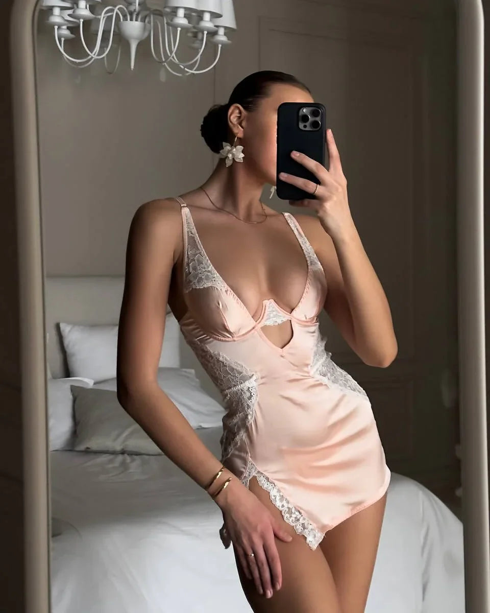 Peach Blossom Satin Babydoll Set