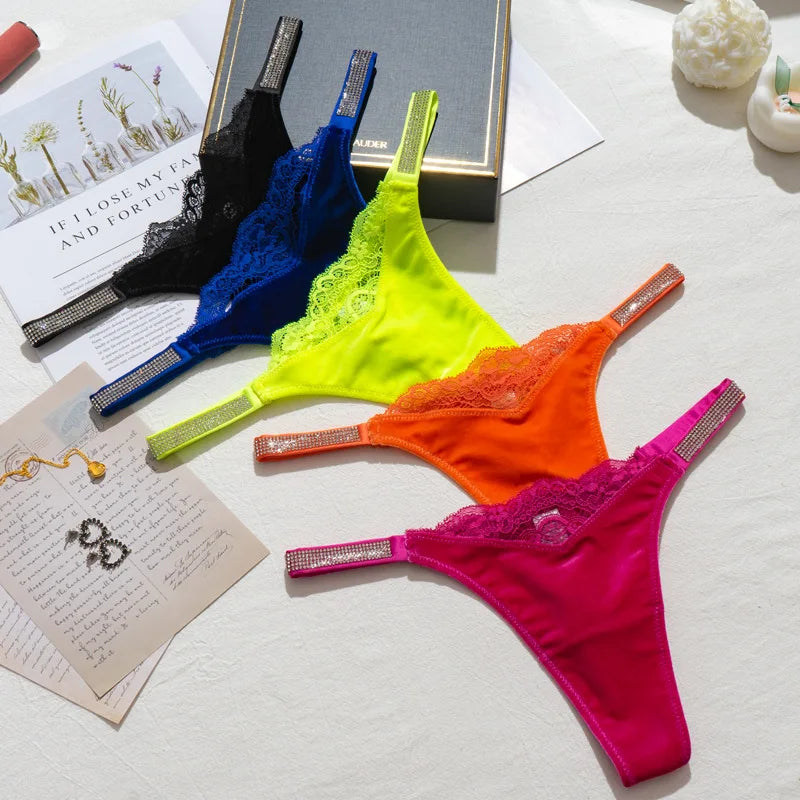 Velvet Rhinestone Lace Thong