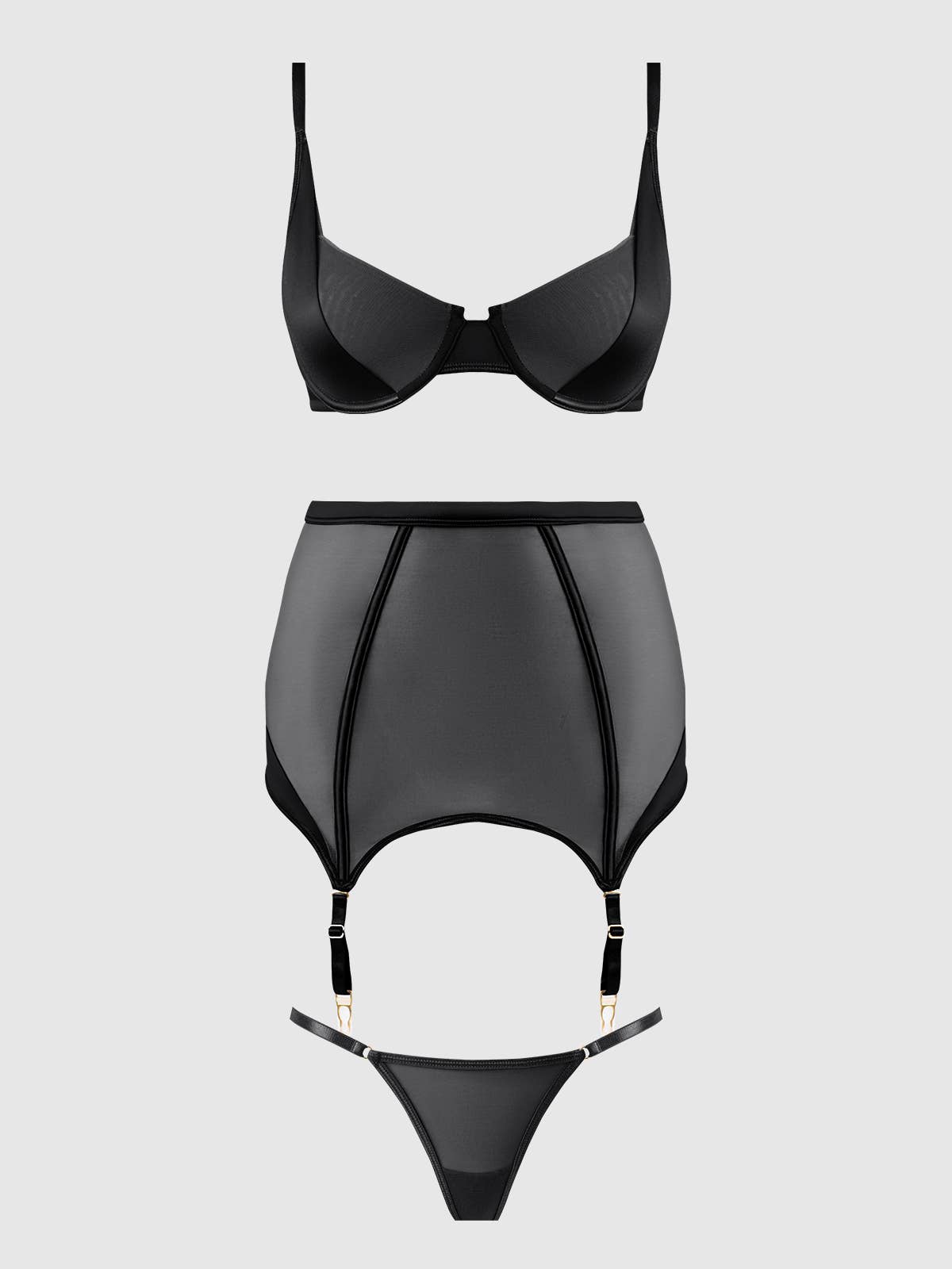 Raquel Mesh & Silky Micro Bra, Garter Skirt & G-String Set