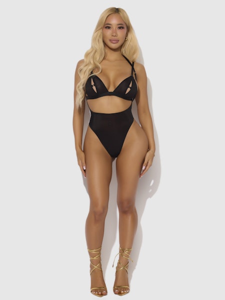Yasmine Shimmer Mesh Slit Cup, Backless Teddy & Bralette Set