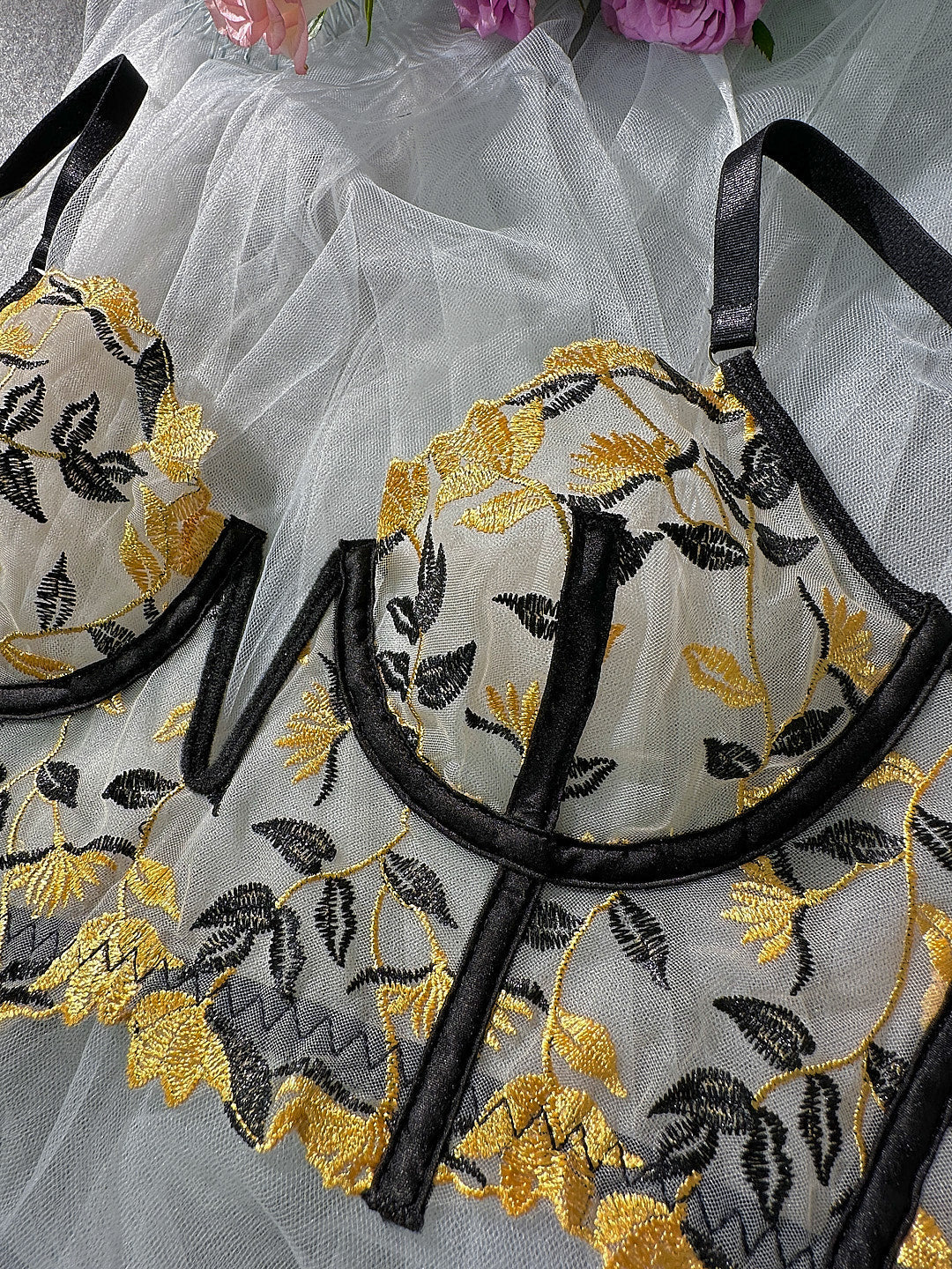 Black Embroidered Corset & Panty Lingerie Set — view 13 | Lavah Pleasure