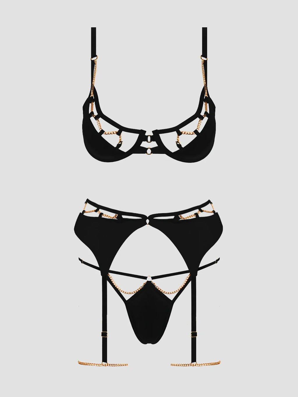 Evangeline Satin & Chain Bra, Thigh Garter & G-String Set