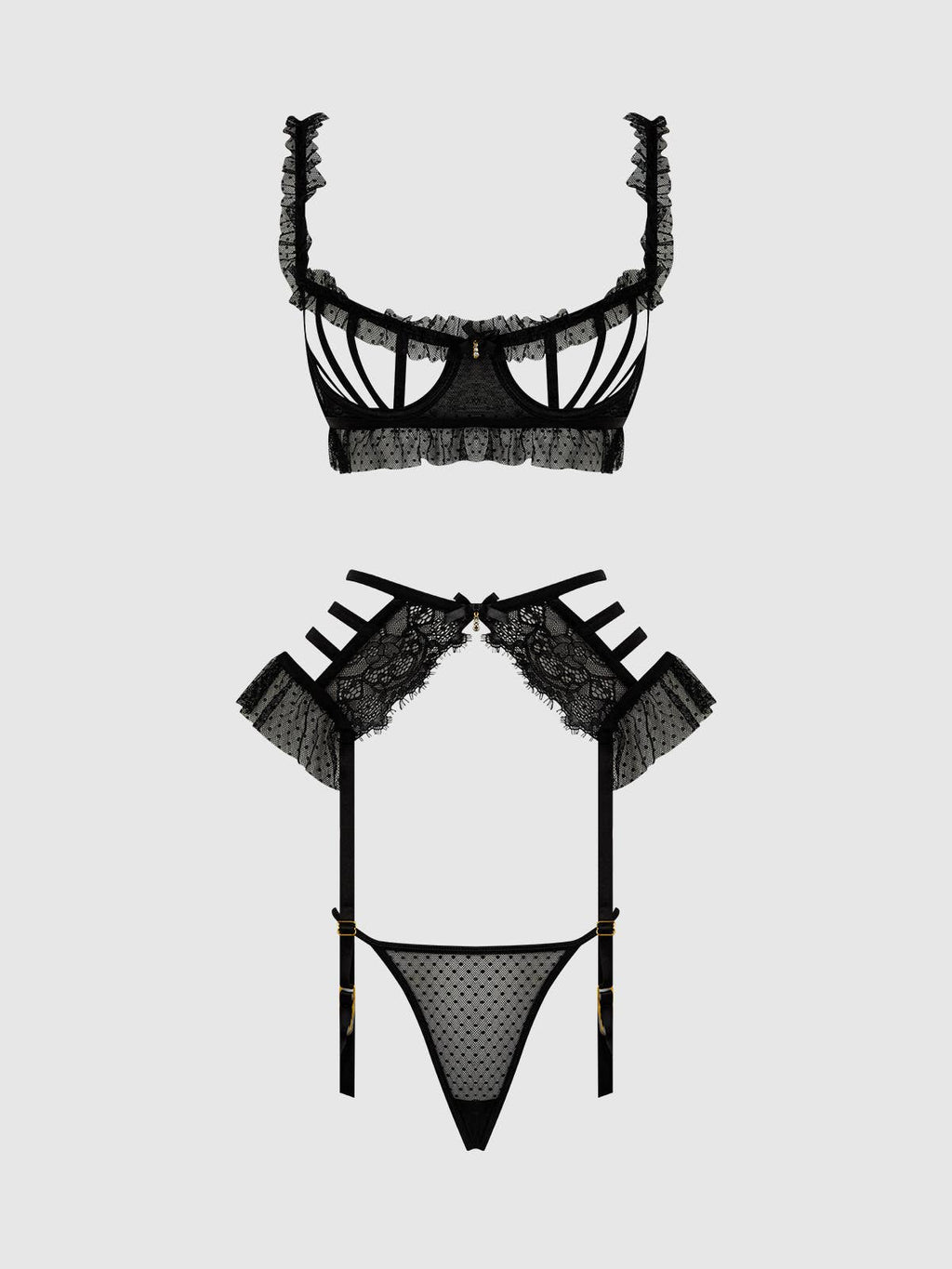 Portia Swiss Dot Cutout Bra, Garter & Thong Set