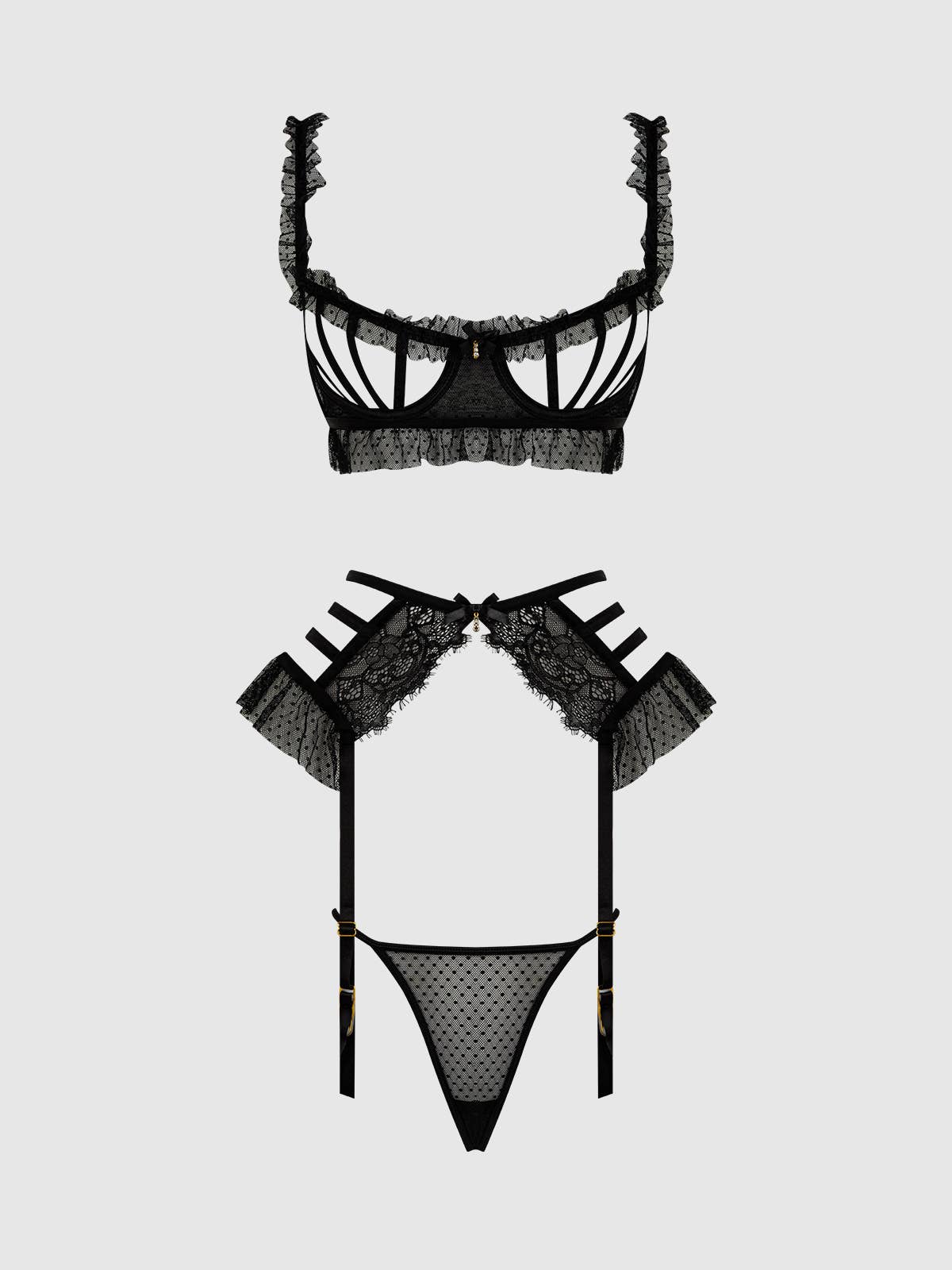 Portia Swiss Dot Cutout Bra, Garter & Thong Set