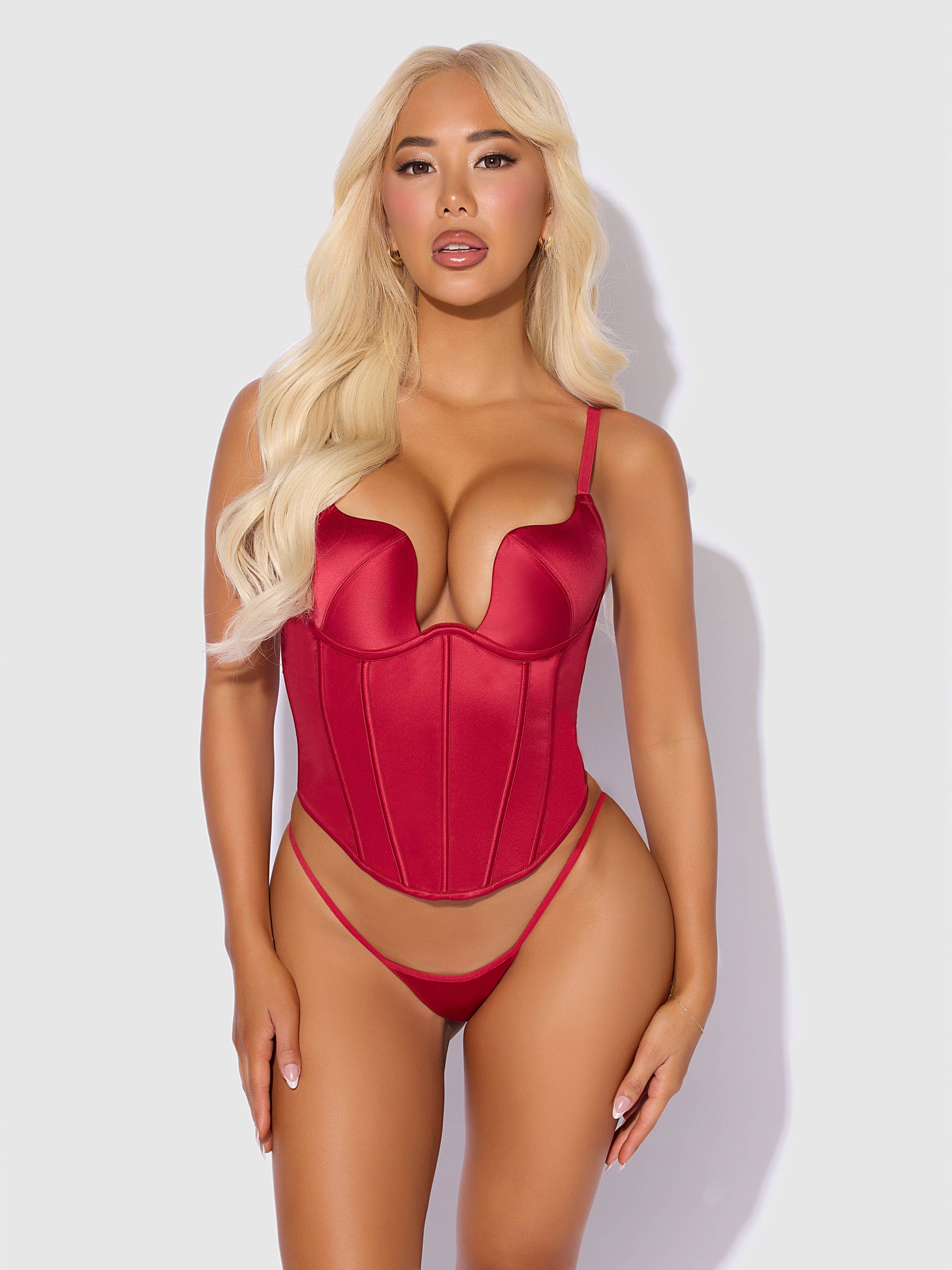 Brigeta Satin Plunge Push Up Bustier & G-String Set