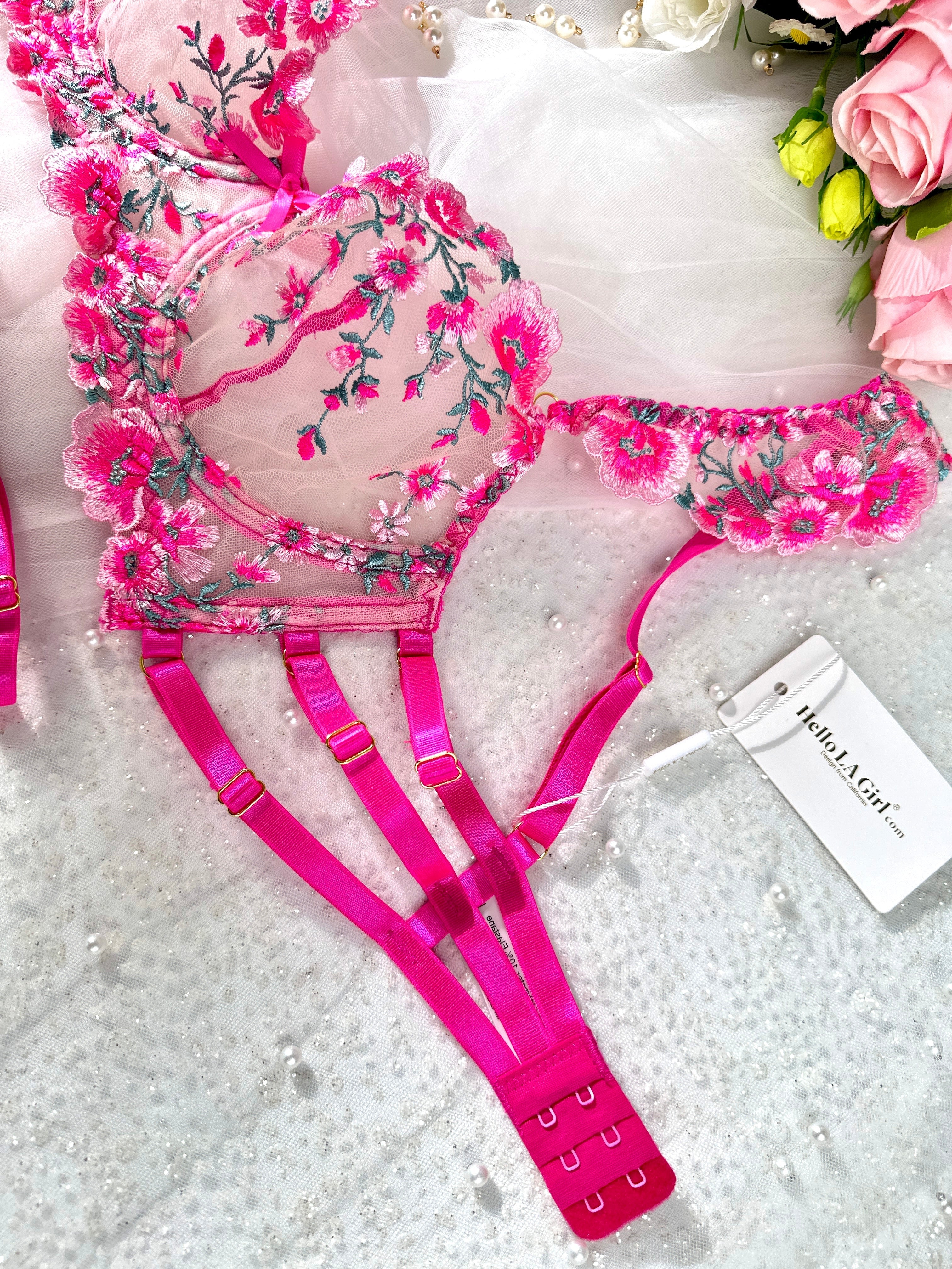 Pink Blossom Embroidery Lingerie Set — view 7 | Lavah Pleasure