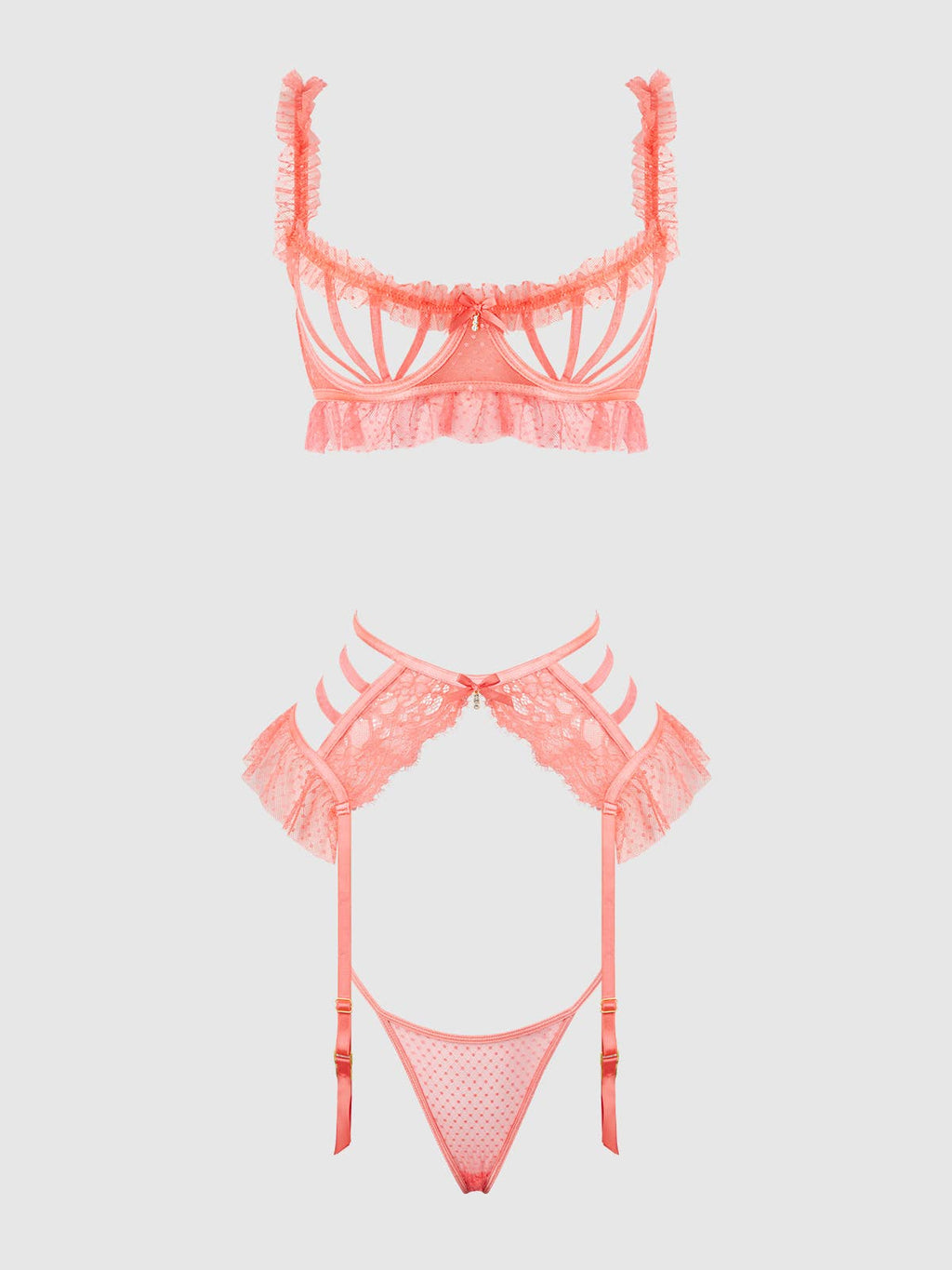 Portia Swiss Dot Cutout Bra, Garter & Thong Set