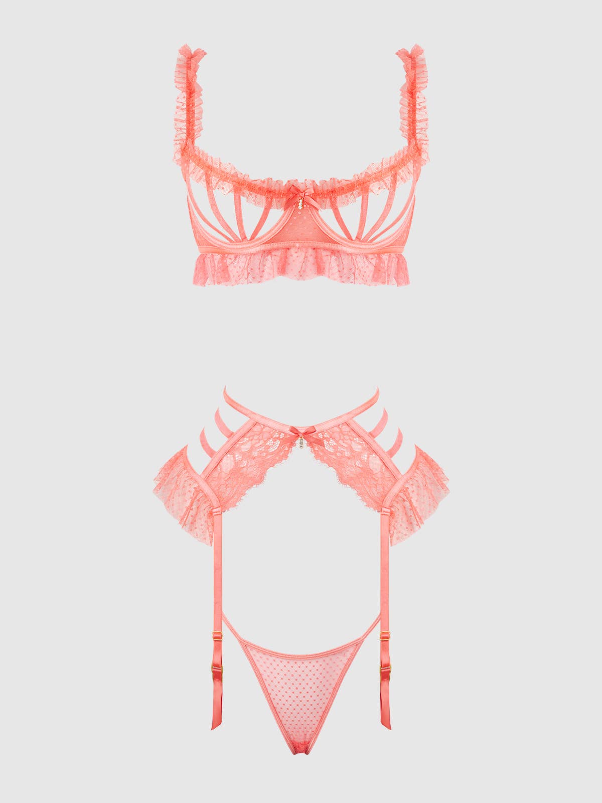 Portia Swiss Dot Cutout Bra, Garter & Thong Set