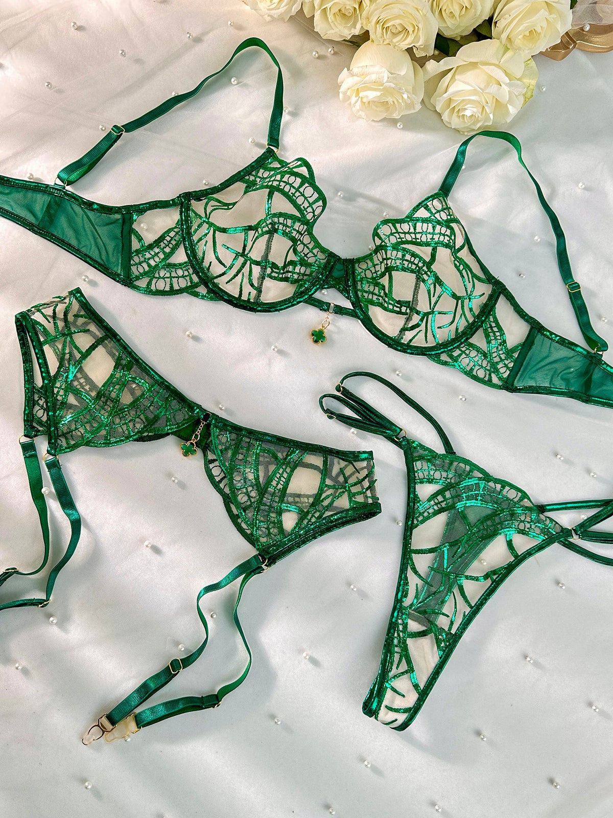 Luxe Green Metallic Foil Lace Lingerie Set — view 17 | Lavah Pleasure