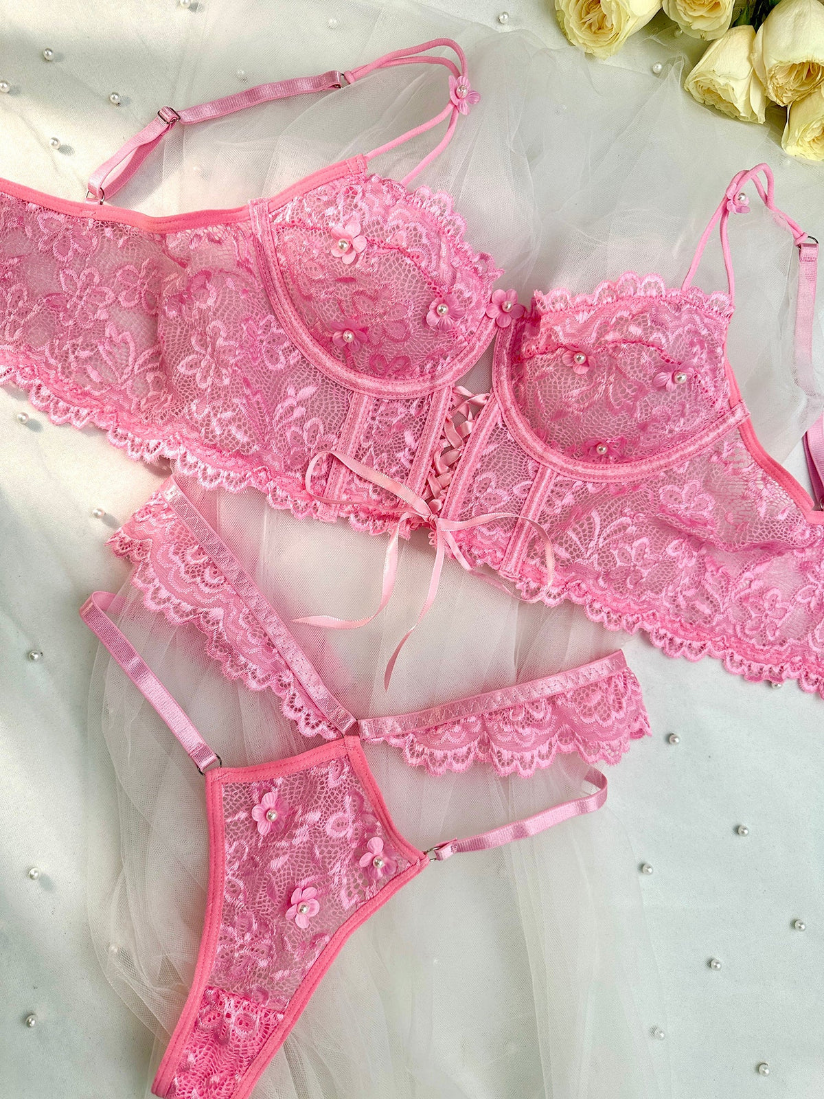 Pink Pearls Small Flower Lace Lingerie Set — view 11 | Lavah Pleasure