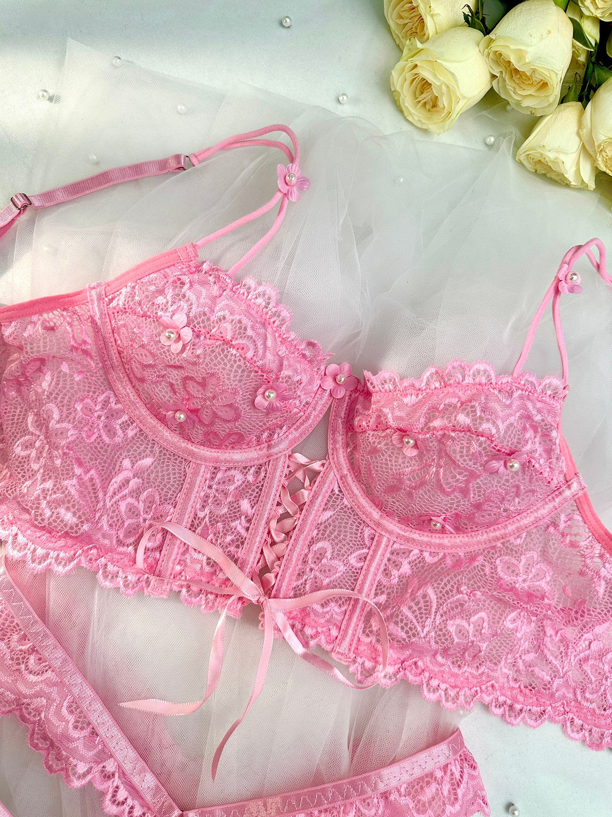 Pink Pearls Small Flower Lace Lingerie Set — view 13 | Lavah Pleasure