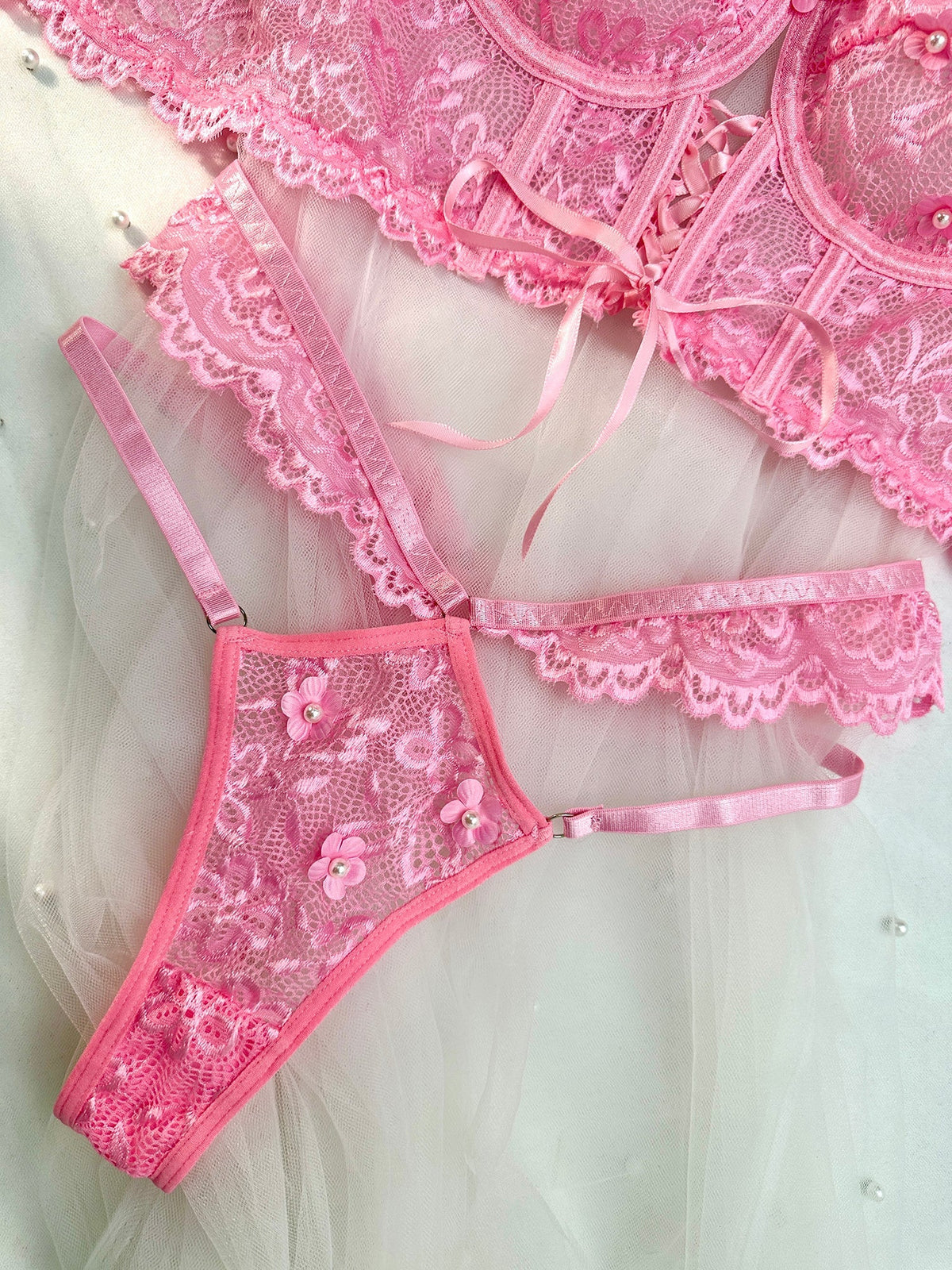 Pink Pearls Small Flower Lace Lingerie Set — view 14 | Lavah Pleasure