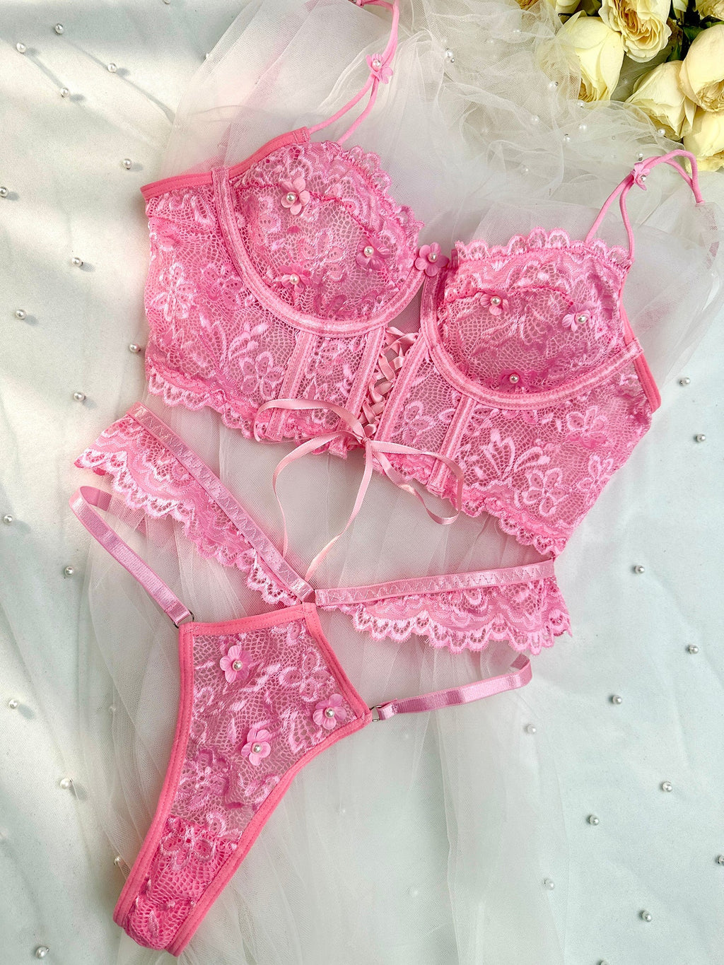 Pink Pearls Small Flower Lace Lingerie Set