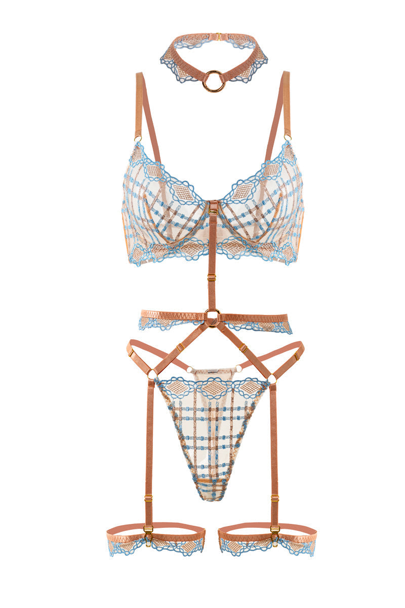 Sophia Blue & Beige Plaid Lingerie Set — view 4 | Lavah Pleasure
