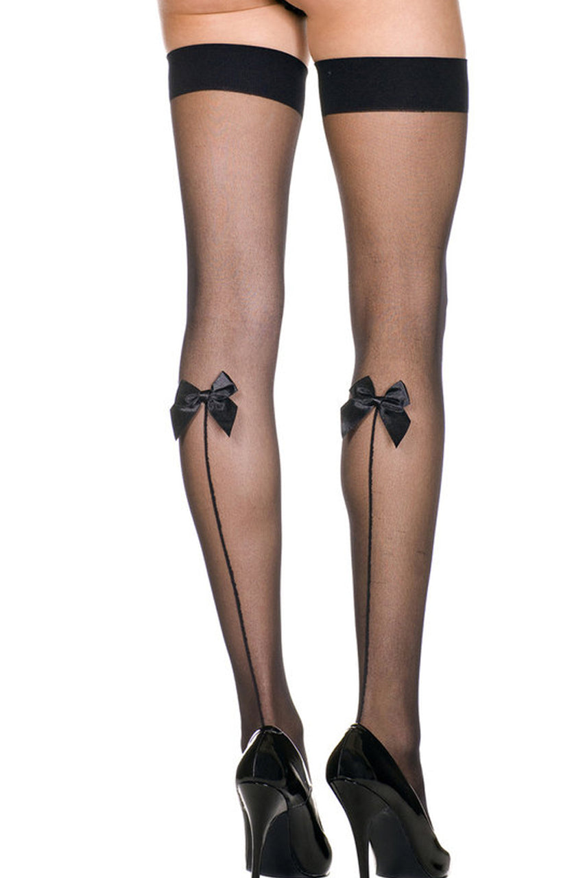 Sheer Black Thigh High Stockings with Satin Bow — Hosiery | Lavah Pleasure