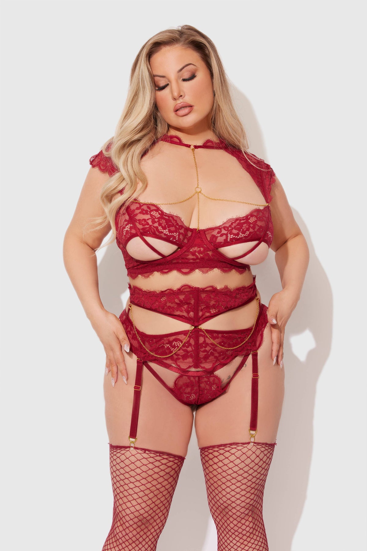 Dezi Lace & Chain Open Cup Bra, Garter & G-String Set — view 6 | Lavah Pleasure