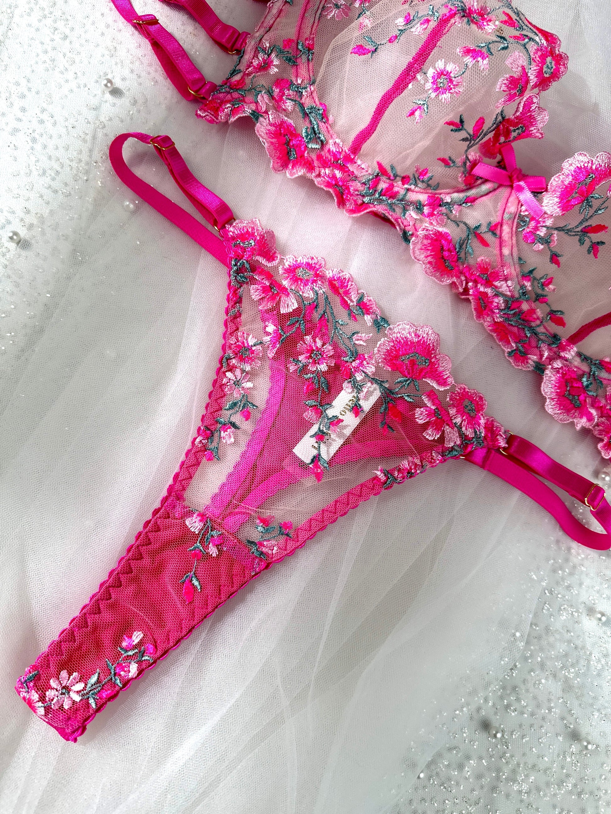 Pink Blossom Embroidery Lingerie Set