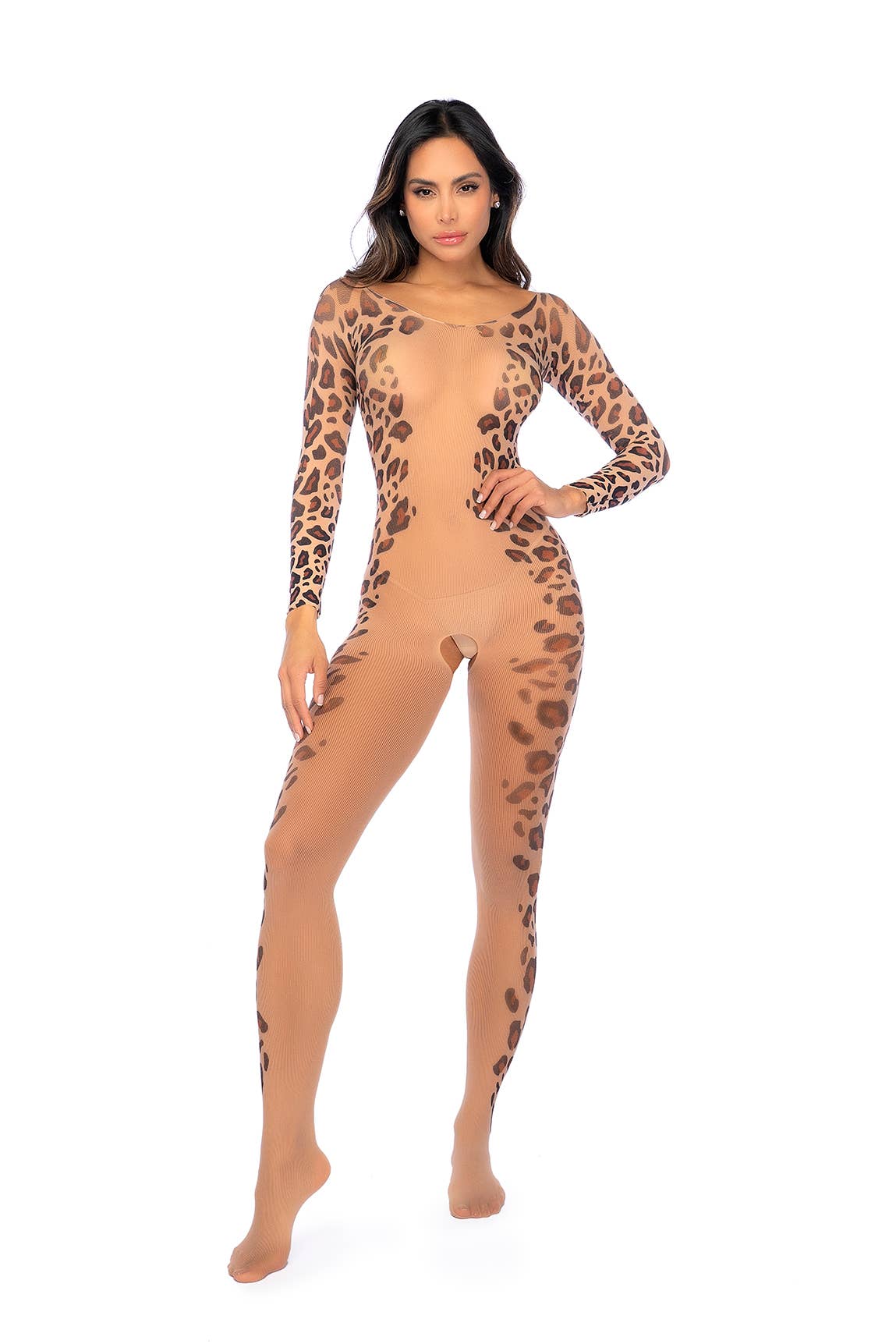Long Print Sleeve Leopard Mesh Bodystocking — view 2 | Lavah Pleasure