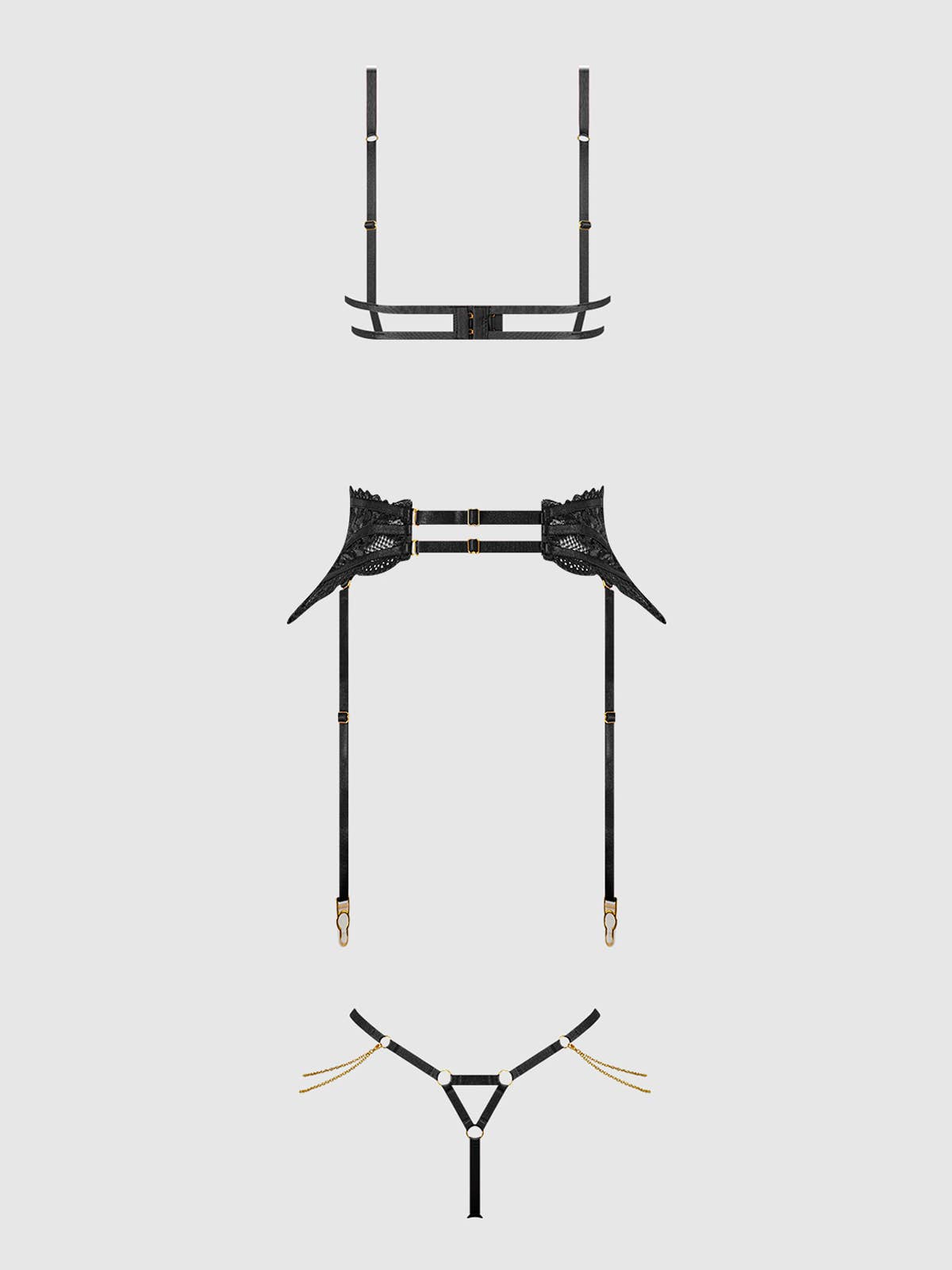 Cecily Lace & Chain Bra, Garter & G-String Set