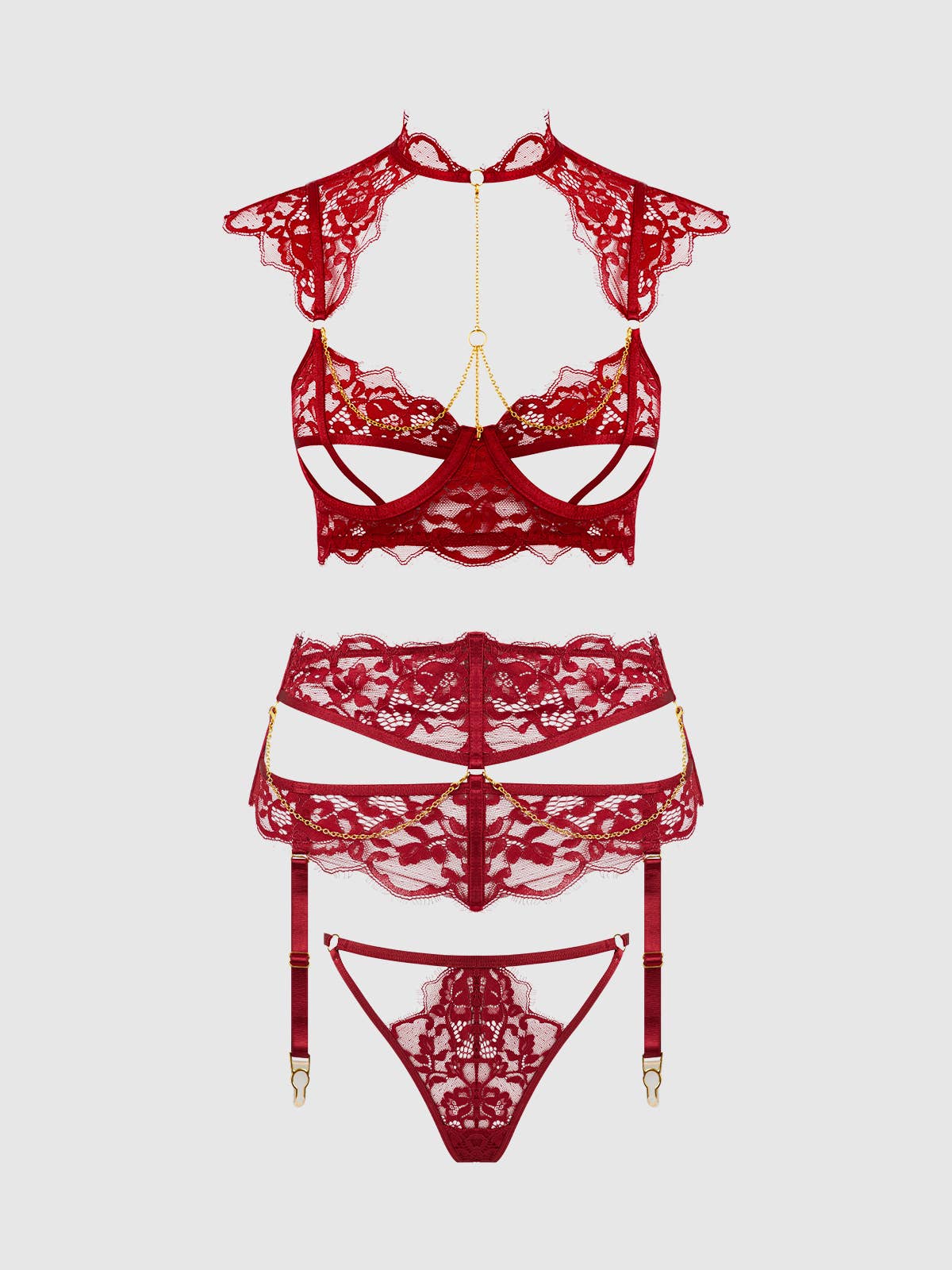 Dezi Lace & Chain Open Cup Bra, Garter & G-String Set