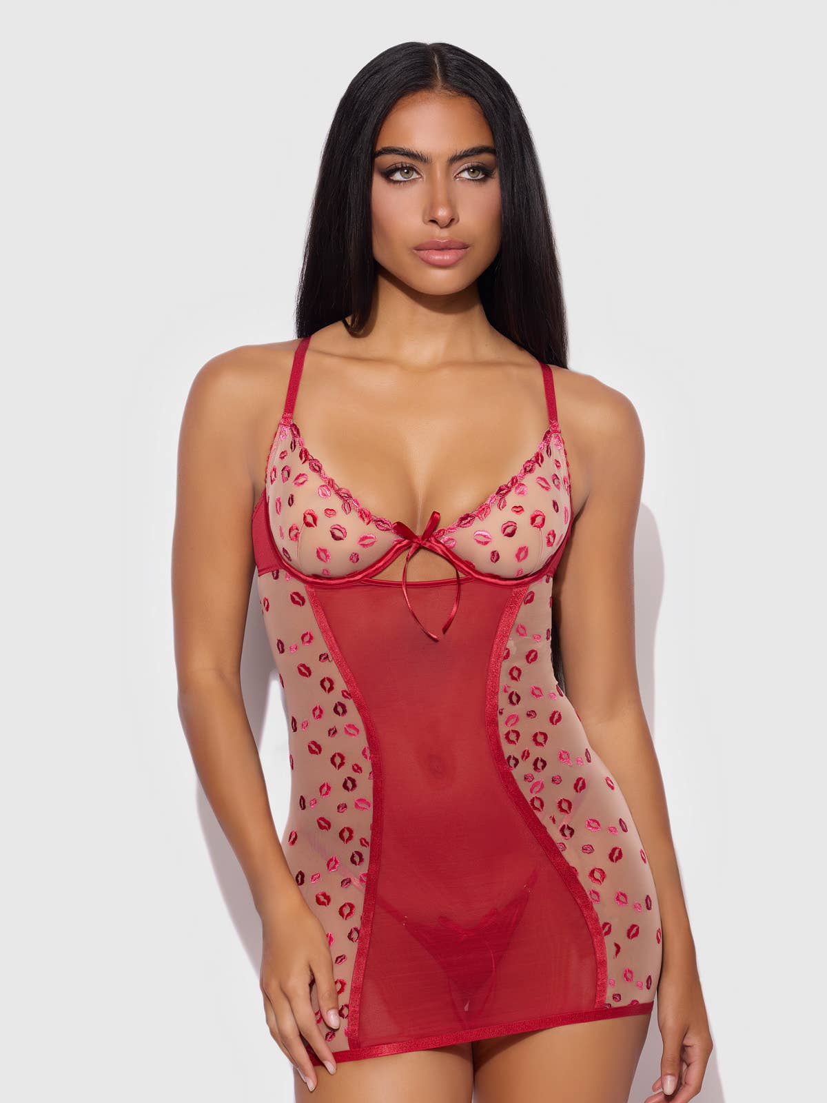 Angelina Lips Embroidery Bow Back Chemise Set — Chemise | Lavah Pleasure