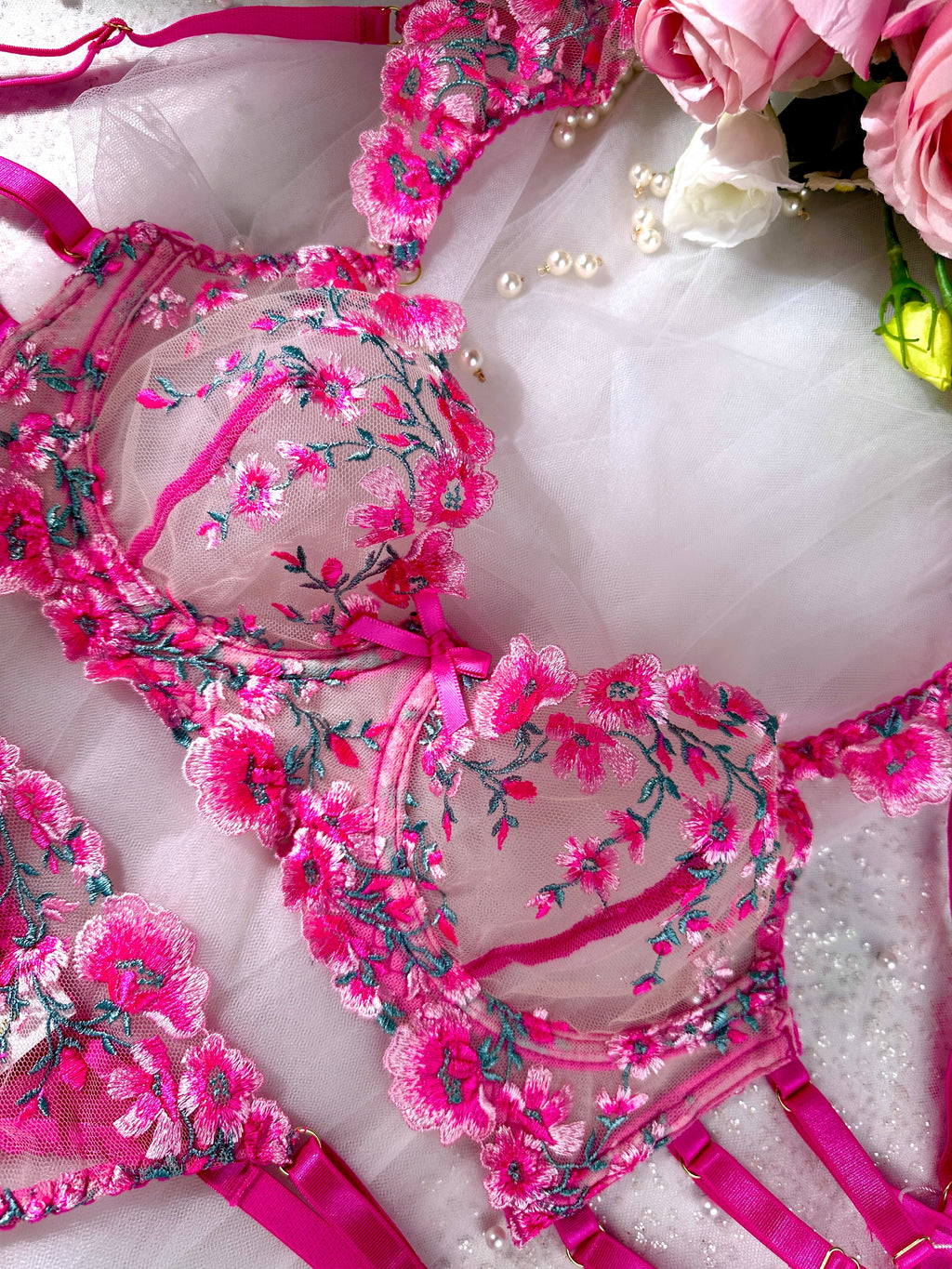 Pink Blossom Embroidery Lingerie Set