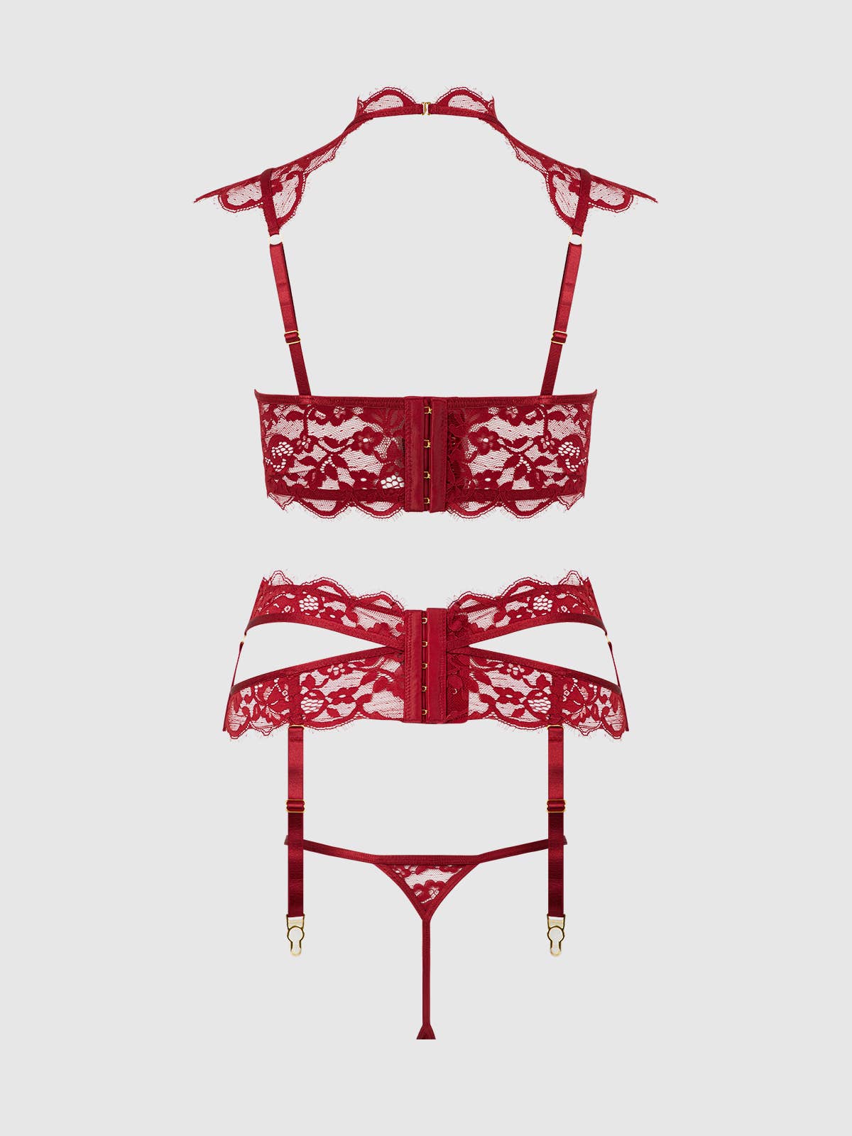 Dezi Lace & Chain Open Cup Bra, Garter & G-String Set