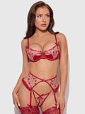 Angelina Lips Embroidery Open Cup Bra, Garter & Bow G-String Set — view 2 | Lavah Pleasure
