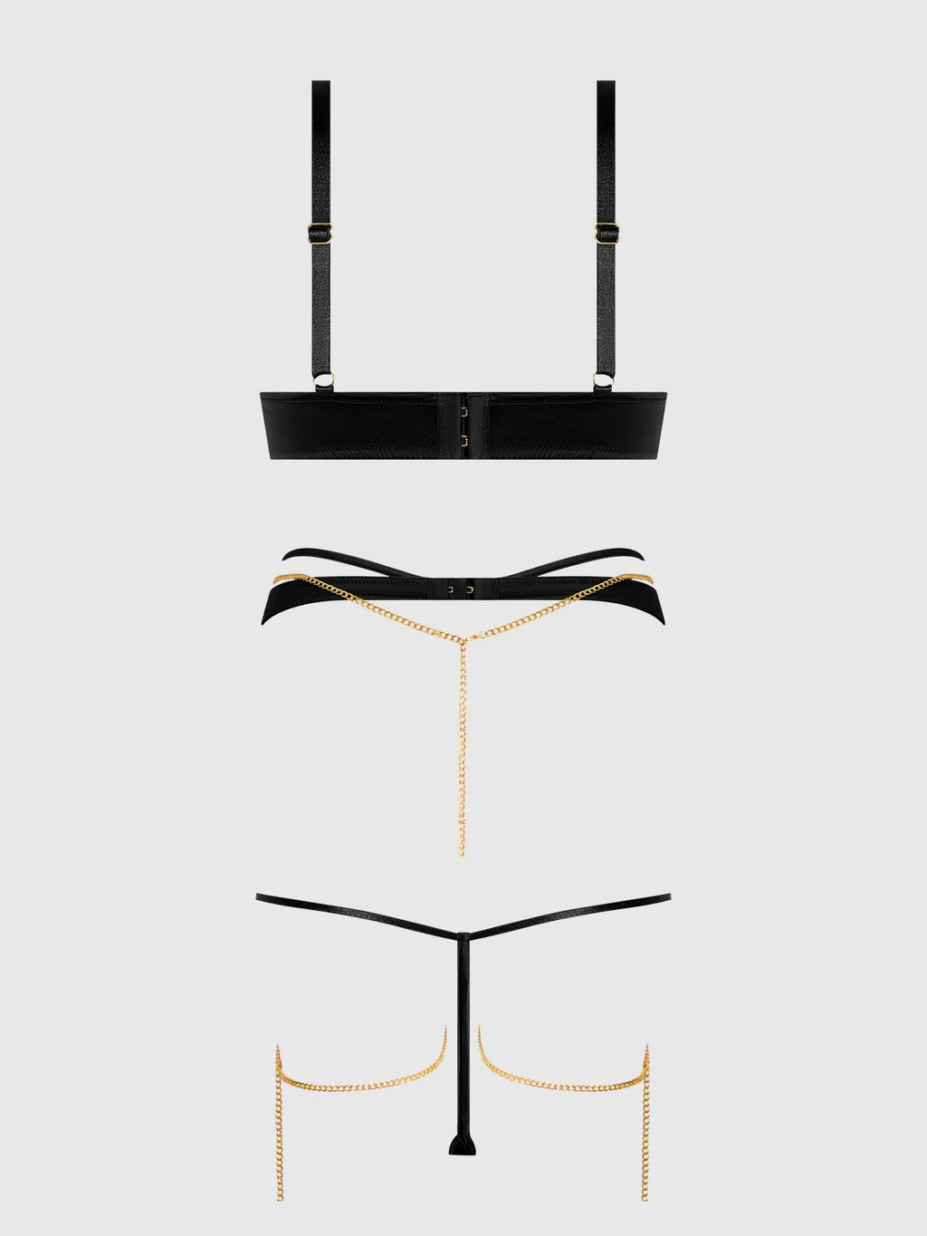Evangeline Satin & Chain Bra, Thigh Garter & G-String Set