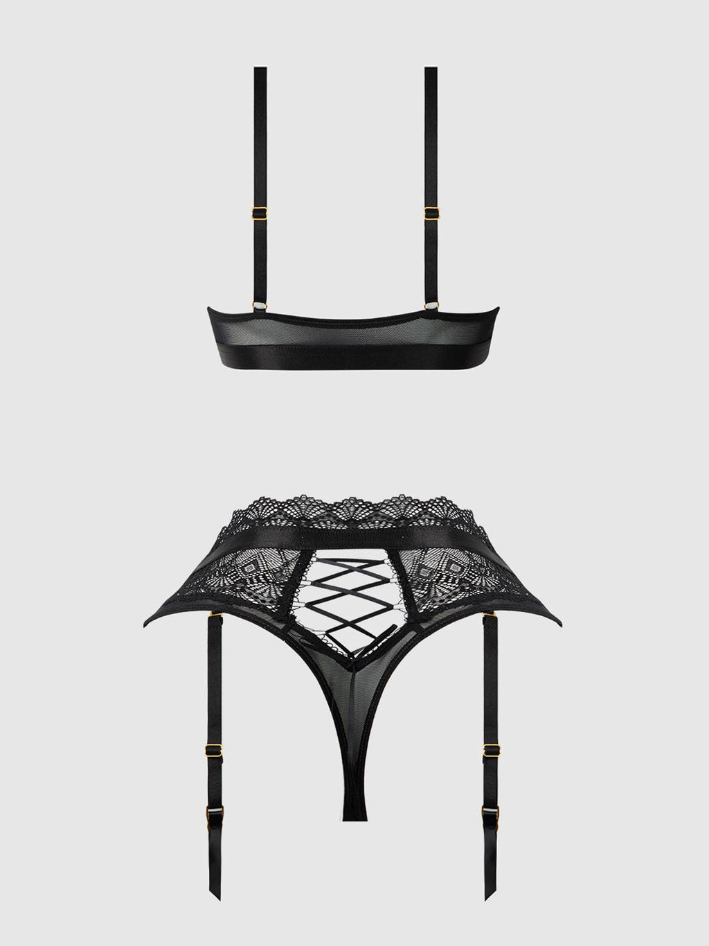 Vivienne Lace & Mesh Bralette & Lace Up Back Thong Set