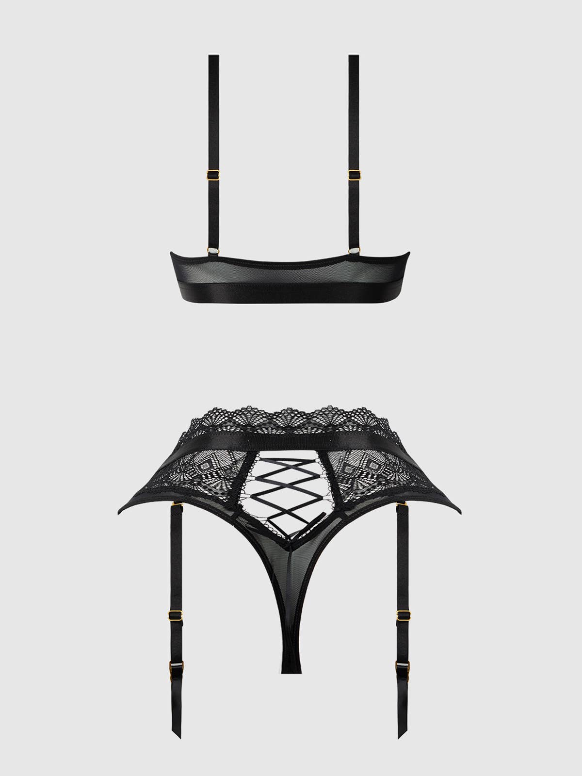 Vivienne Lace & Mesh Bralette & Lace Up Back Thong Set — view 5 | Lavah Pleasure