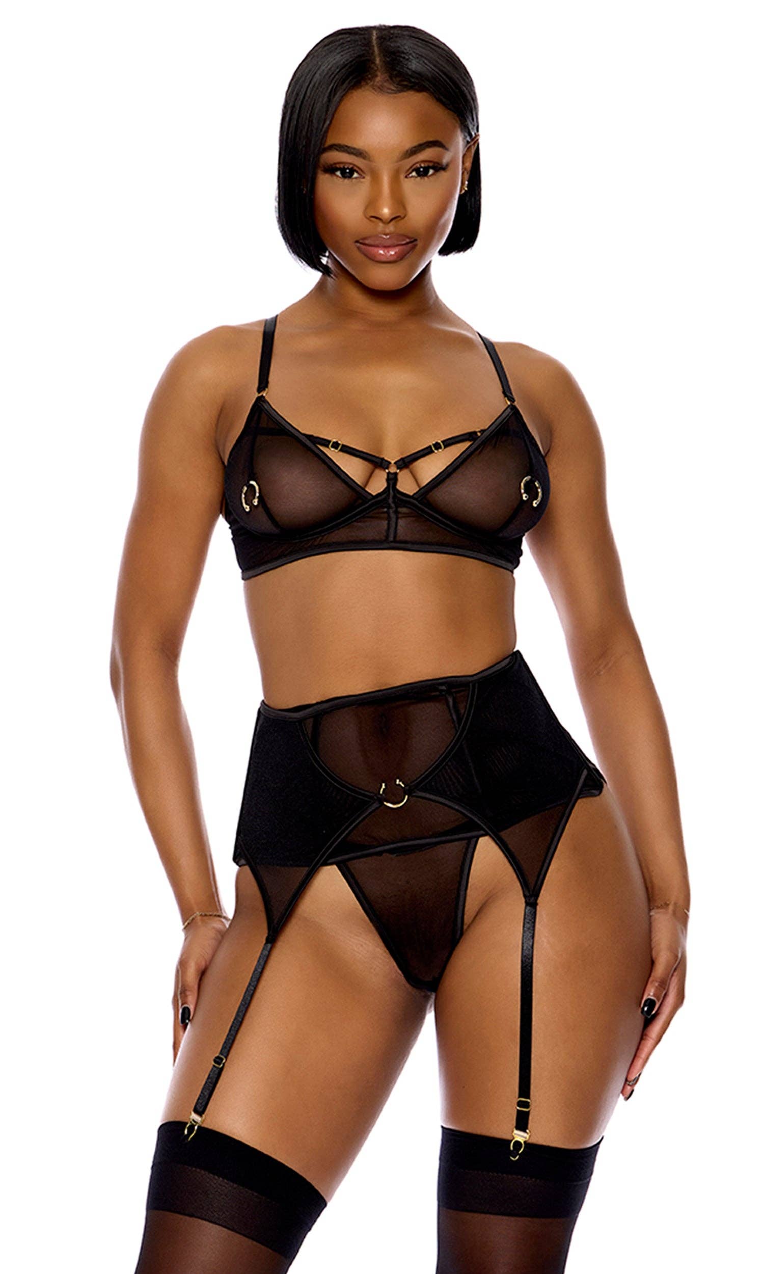 Piercing Desire Mesh Bra and Waist Cincher Lingerie Set - Black — Bra | Lavah Pleasure
