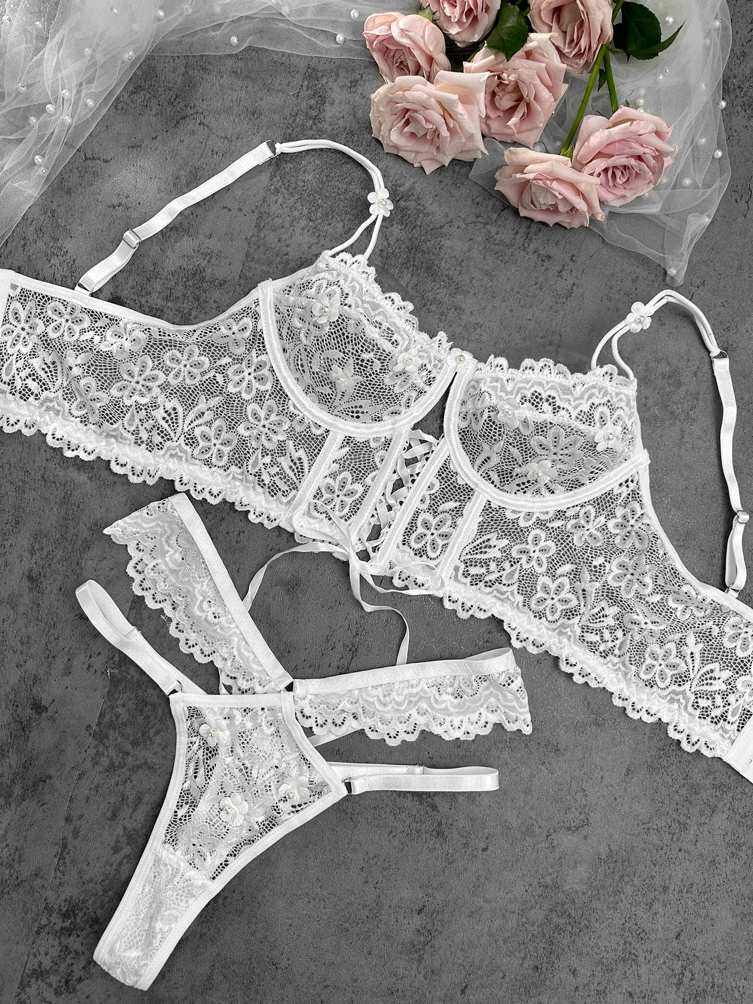 White Pearls Small Flower Lace Lingerie Set — Lingerie Set | Lavah Pleasure