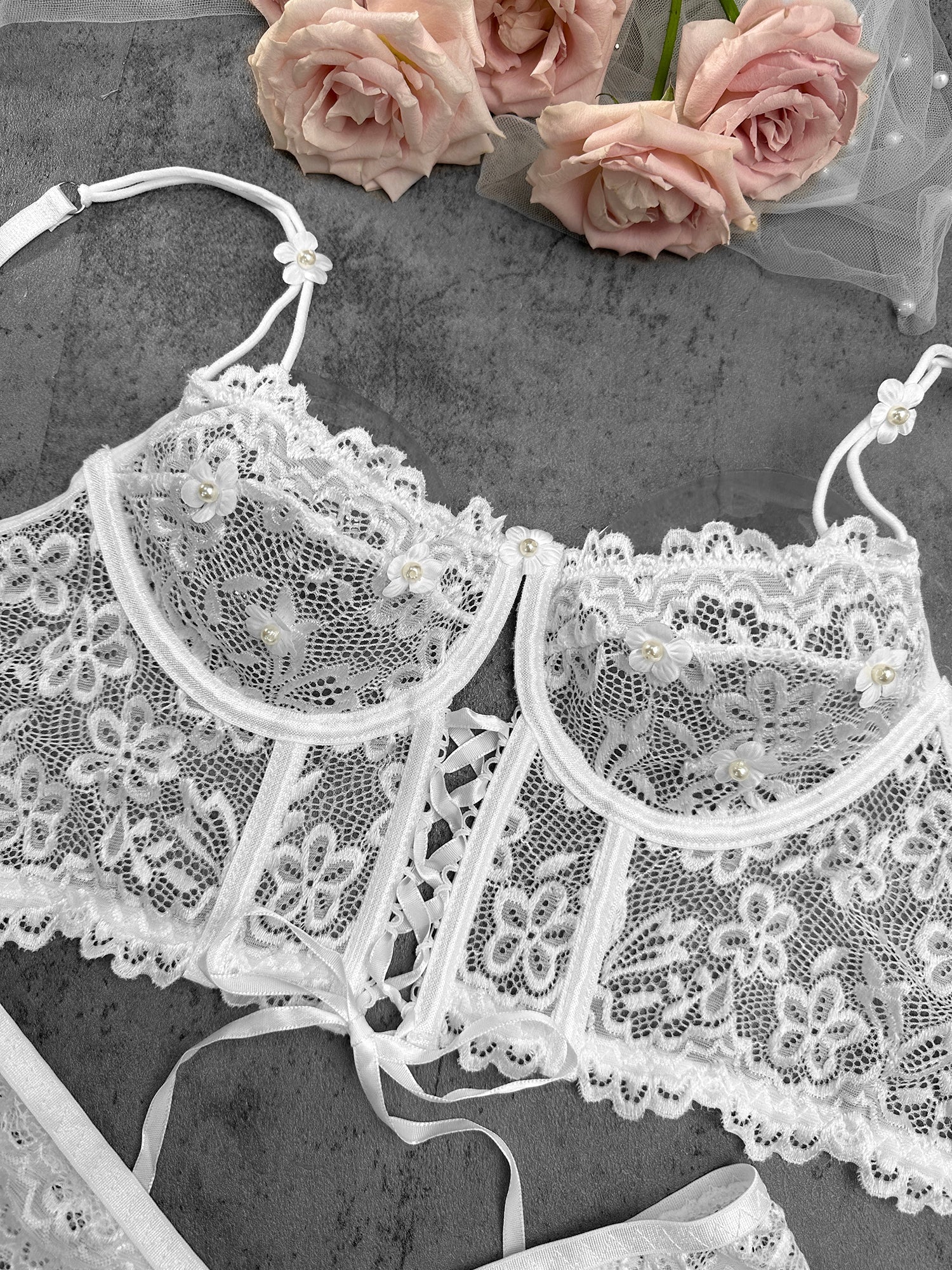 White Pearls Small Flower Lace Lingerie Set — view 7 | Lavah Pleasure