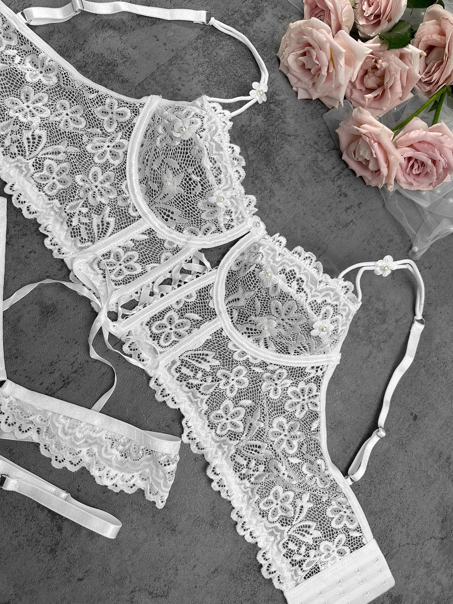 White Pearls Small Flower Lace Lingerie Set — view 5 | Lavah Pleasure