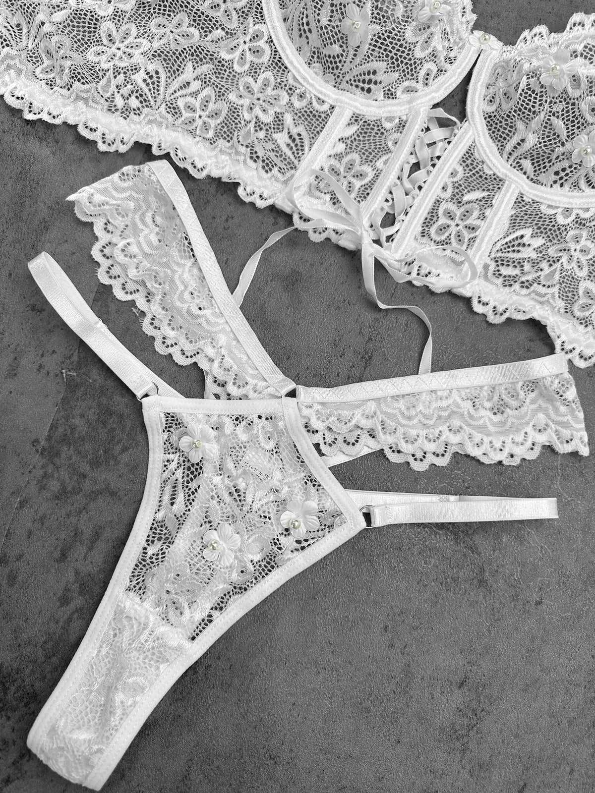 White Pearls Small Flower Lace Lingerie Set — view 8 | Lavah Pleasure