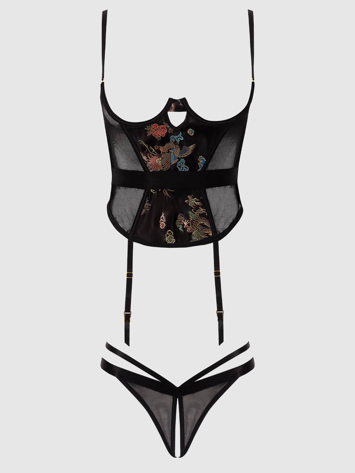 Dragon Satin Open Cup Corset & Crotchless Thong Set