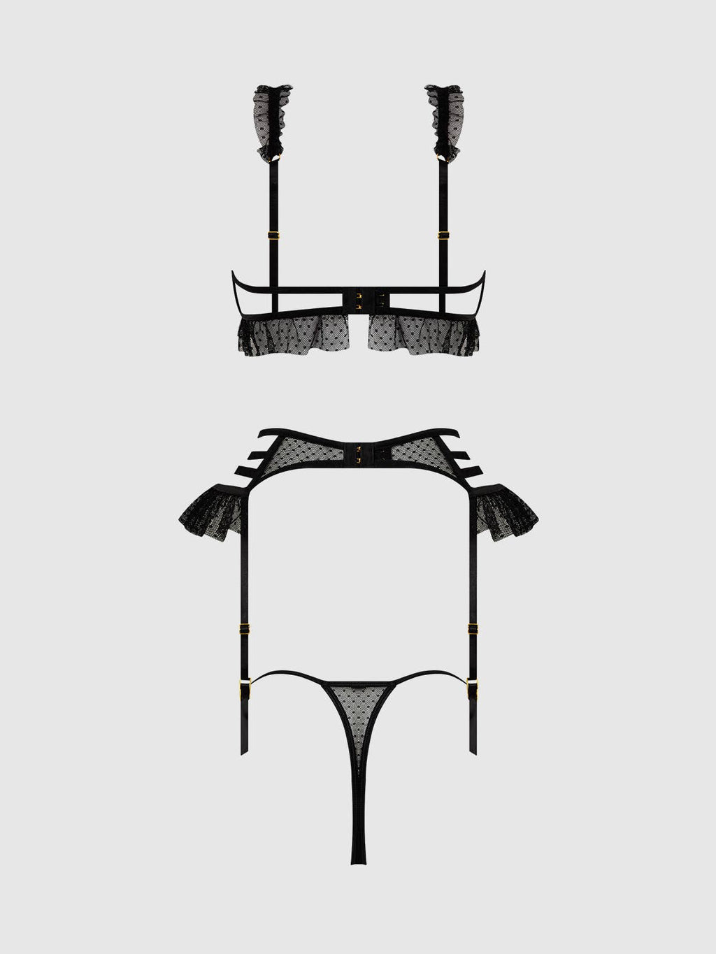Portia Swiss Dot Cutout Bra, Garter & Thong Set