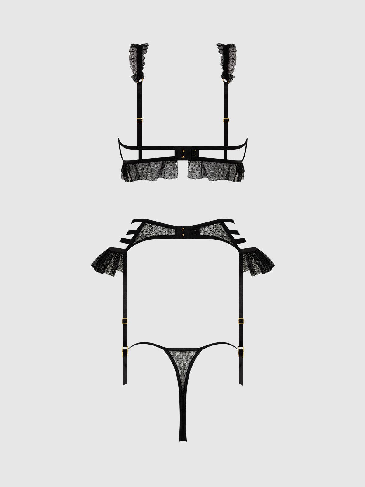 Portia Swiss Dot Cutout Bra, Garter & Thong Set — view 9 | Lavah Pleasure
