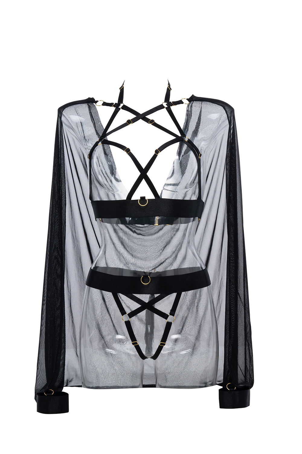 Ultra Sexy Sweet Little Lies Cape, Harness Top and Panty Set Black