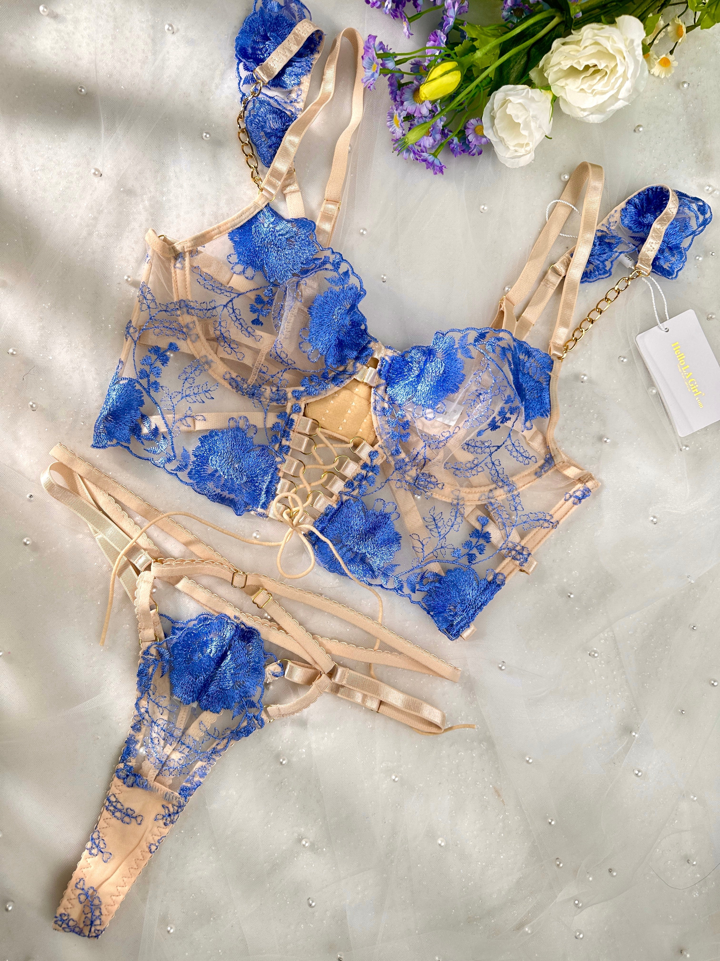 Enchanted Blue Blossom Lace Lingerie Set — view 19 | Lavah Pleasure
