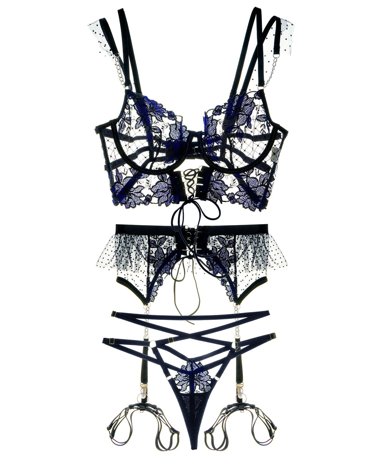 Black&Blue Lace Tie Adjustable Sculpting Body Lingerie Set — view 11 | Lavah Pleasure