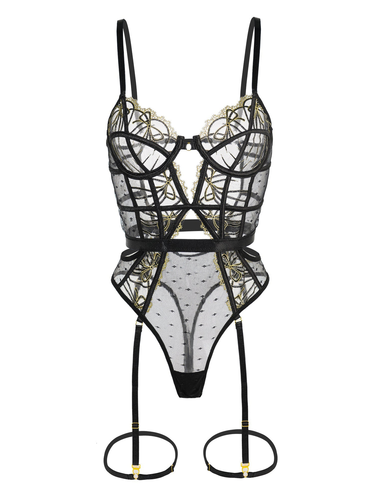 Black Gold-threaded Butterfly Bow Lace Bodysuit — view 8 | Lavah Pleasure