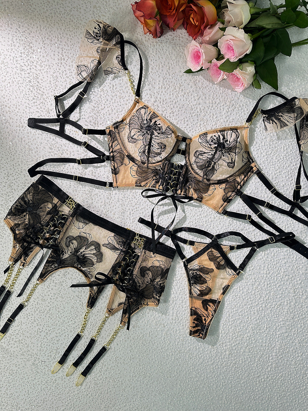 Black&Nude Ribbon Sculpting Body Lingerie Set — view 7 | Lavah Pleasure