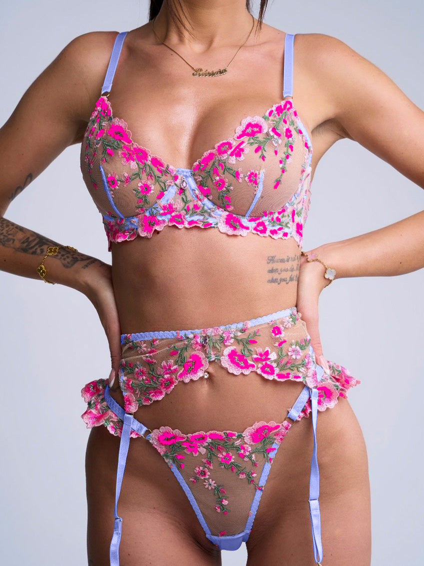 Fantasy Pink Bloom Embroidery Lingerie Set — view 6 | Lavah Pleasure