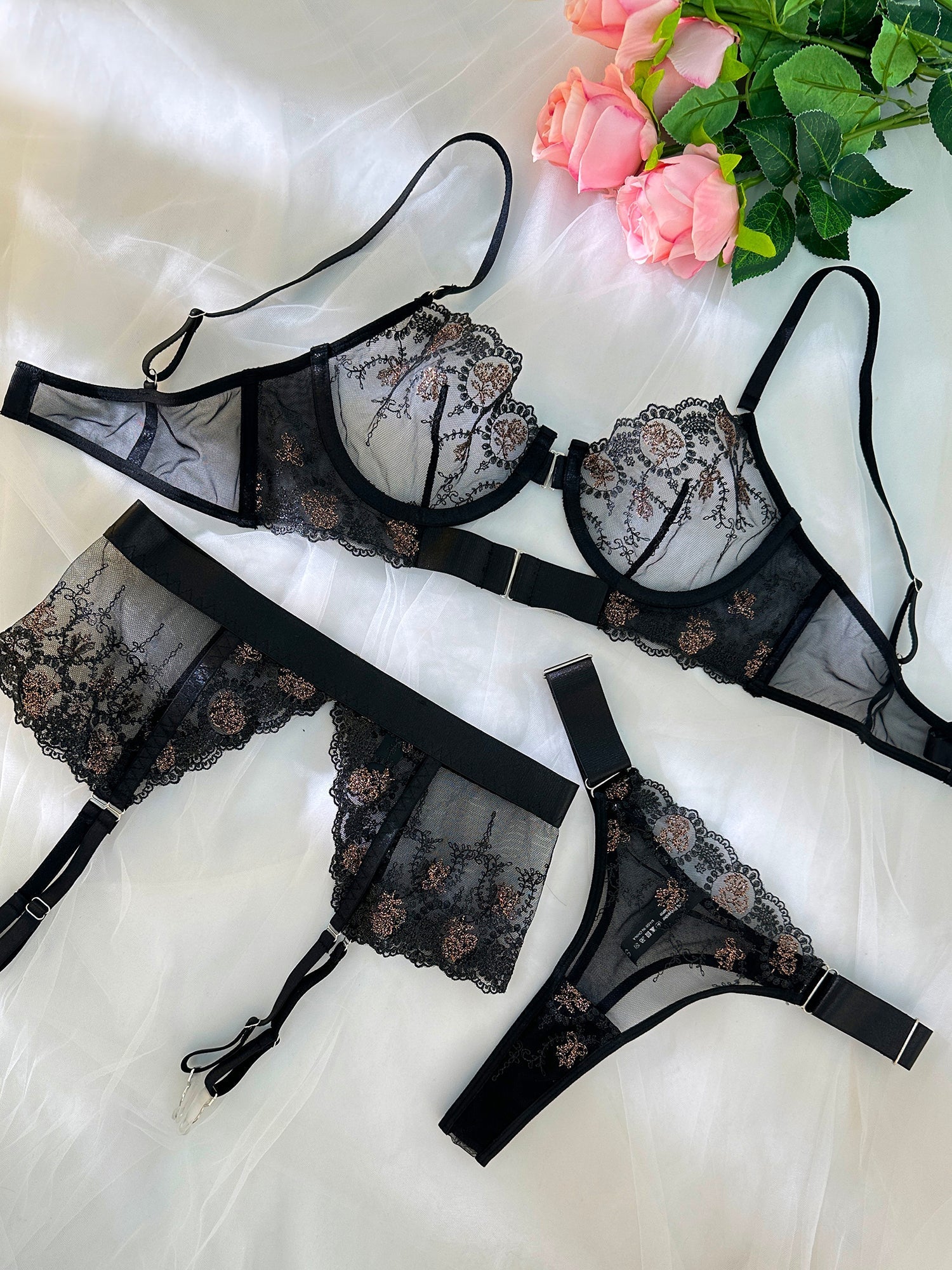 Sheer Black&Champagne Embroidered Lace Lingerie Set — view 13 | Lavah Pleasure