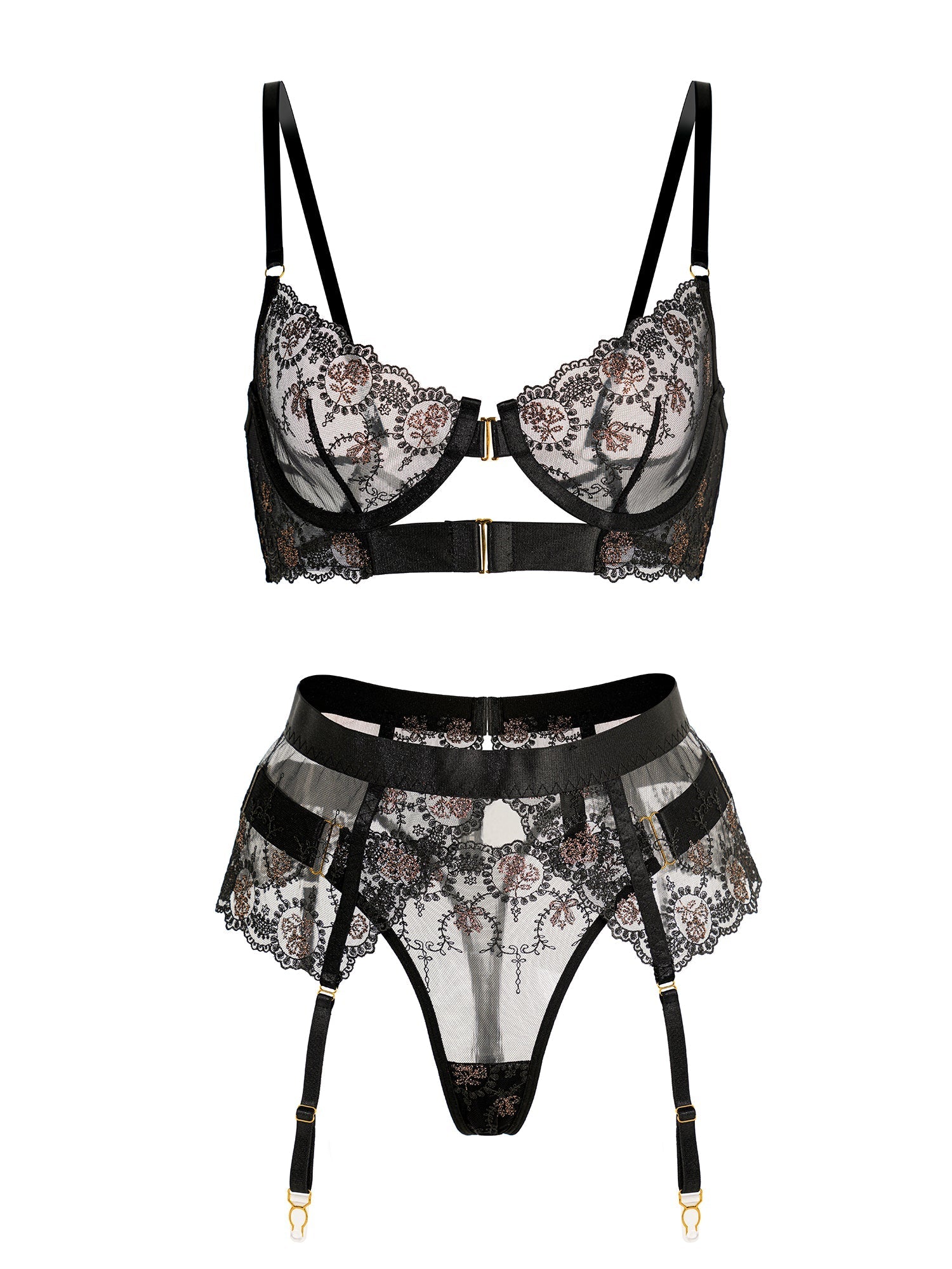 Sheer Black&Champagne Embroidered Lace Lingerie Set — view 12 | Lavah Pleasure
