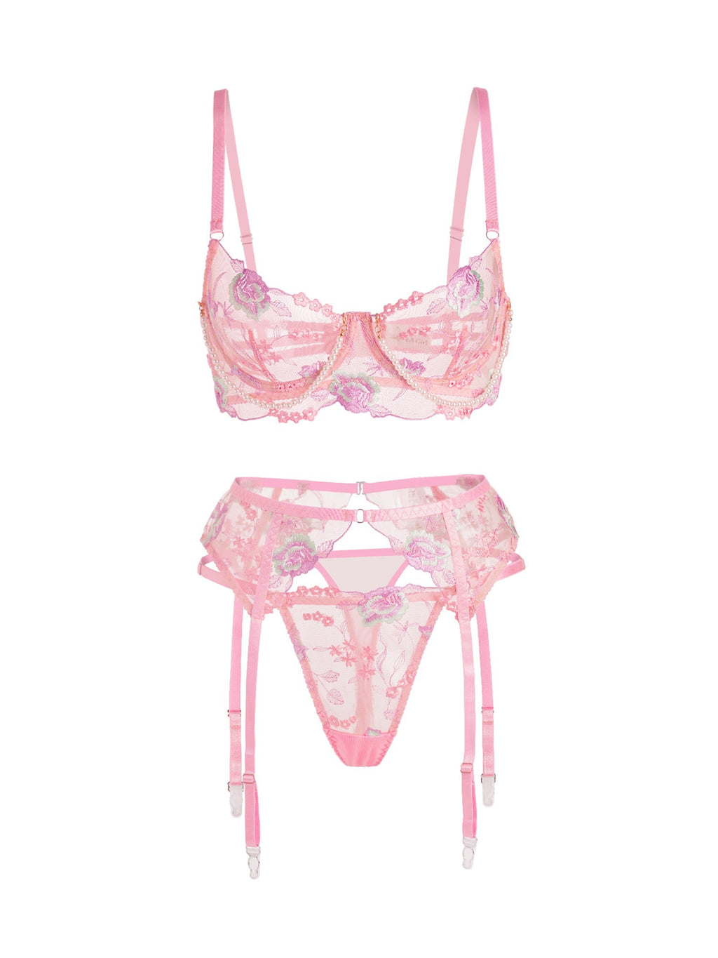 Pink Floral Embroidery Pearl Chain Lingerie Set