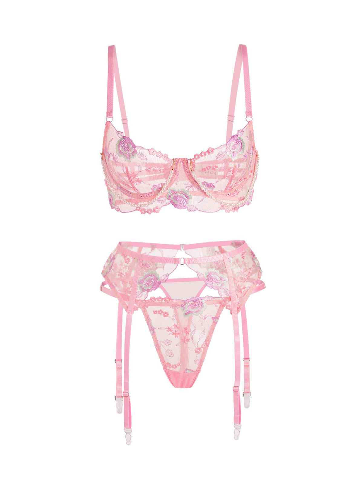 Pink Floral Embroidery Pearl Chain Lingerie Set — view 16 | Lavah Pleasure