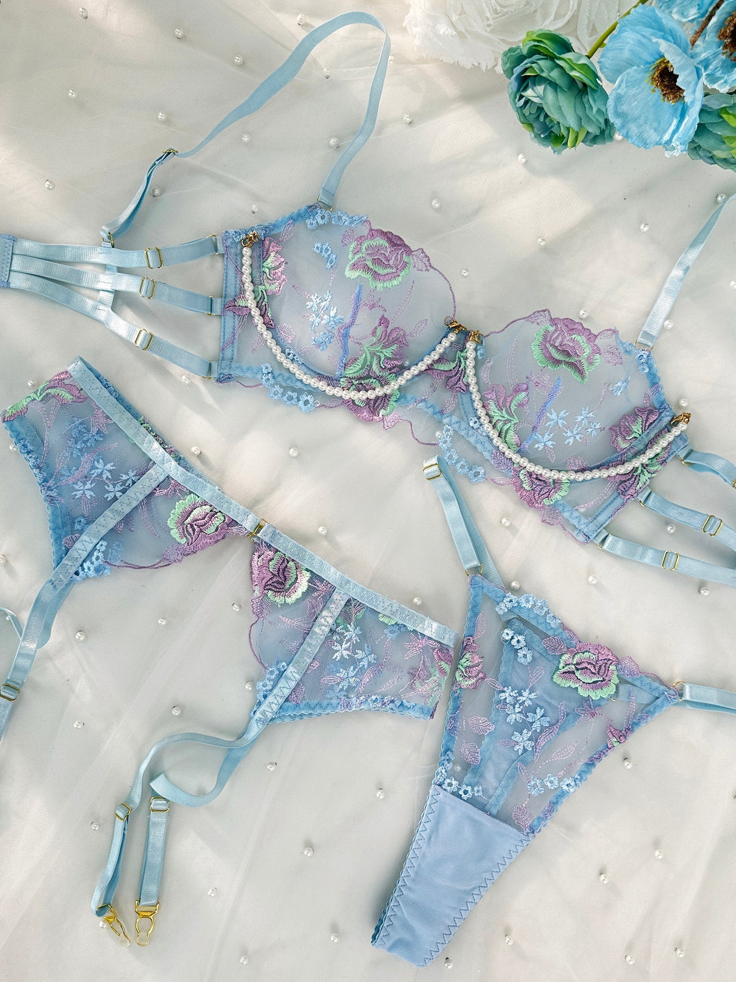 Blue Floral Embroidery Pearl Chain Lingerie Set — view 17 | Lavah Pleasure